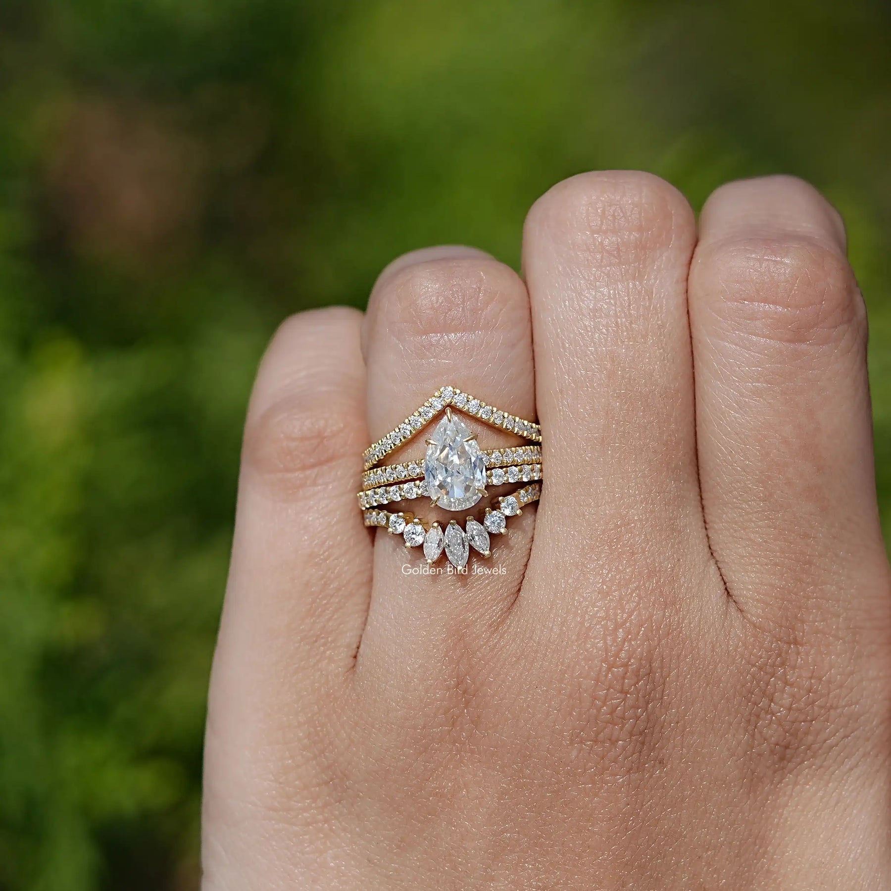 View of Rose Cut Pear Moissanite Ring In Finger