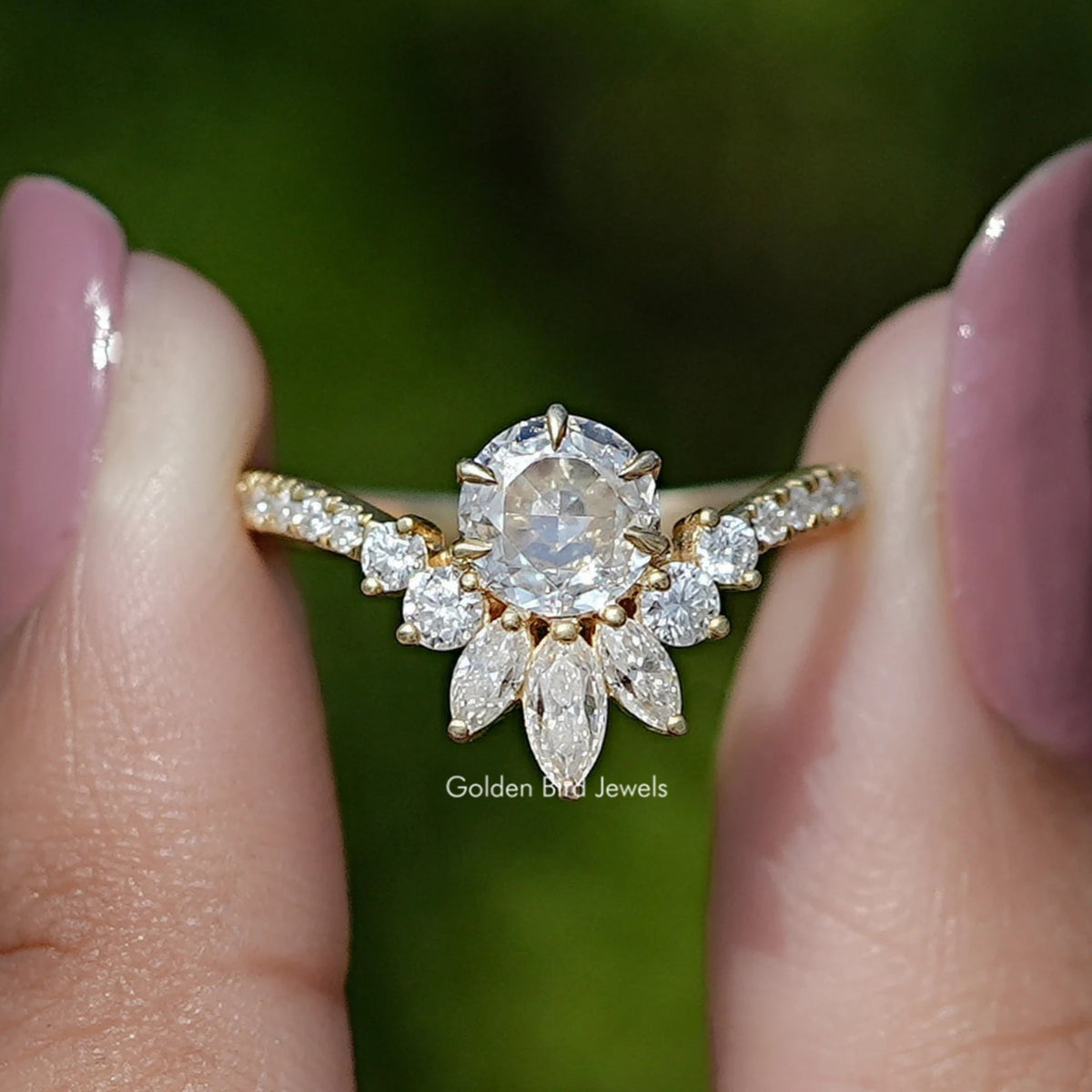 Front View of Round Cut Moissanite Curved Engagement Ring In two Fingers