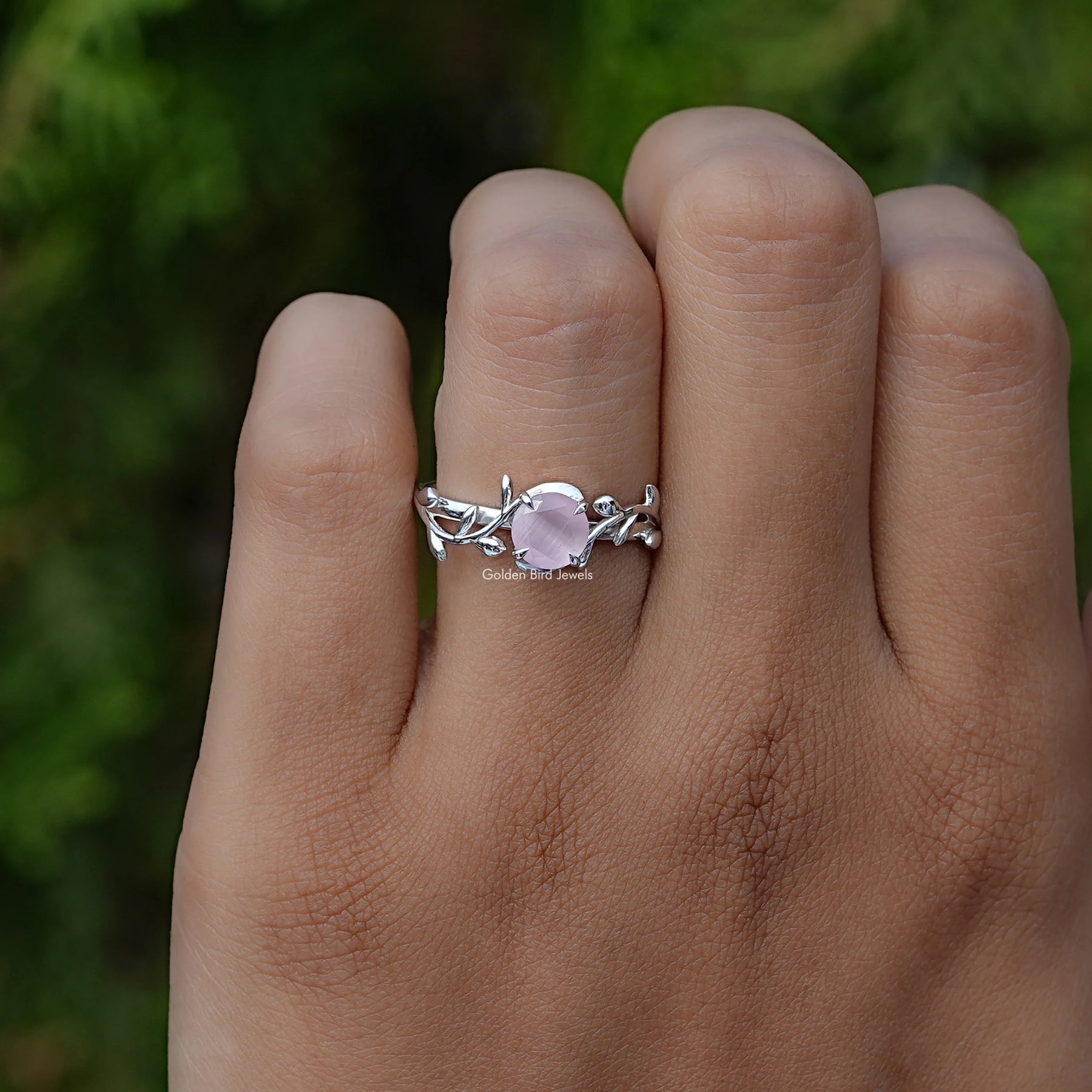 View of Rose Quartz Round Cut Gemstone Ring In White Gold