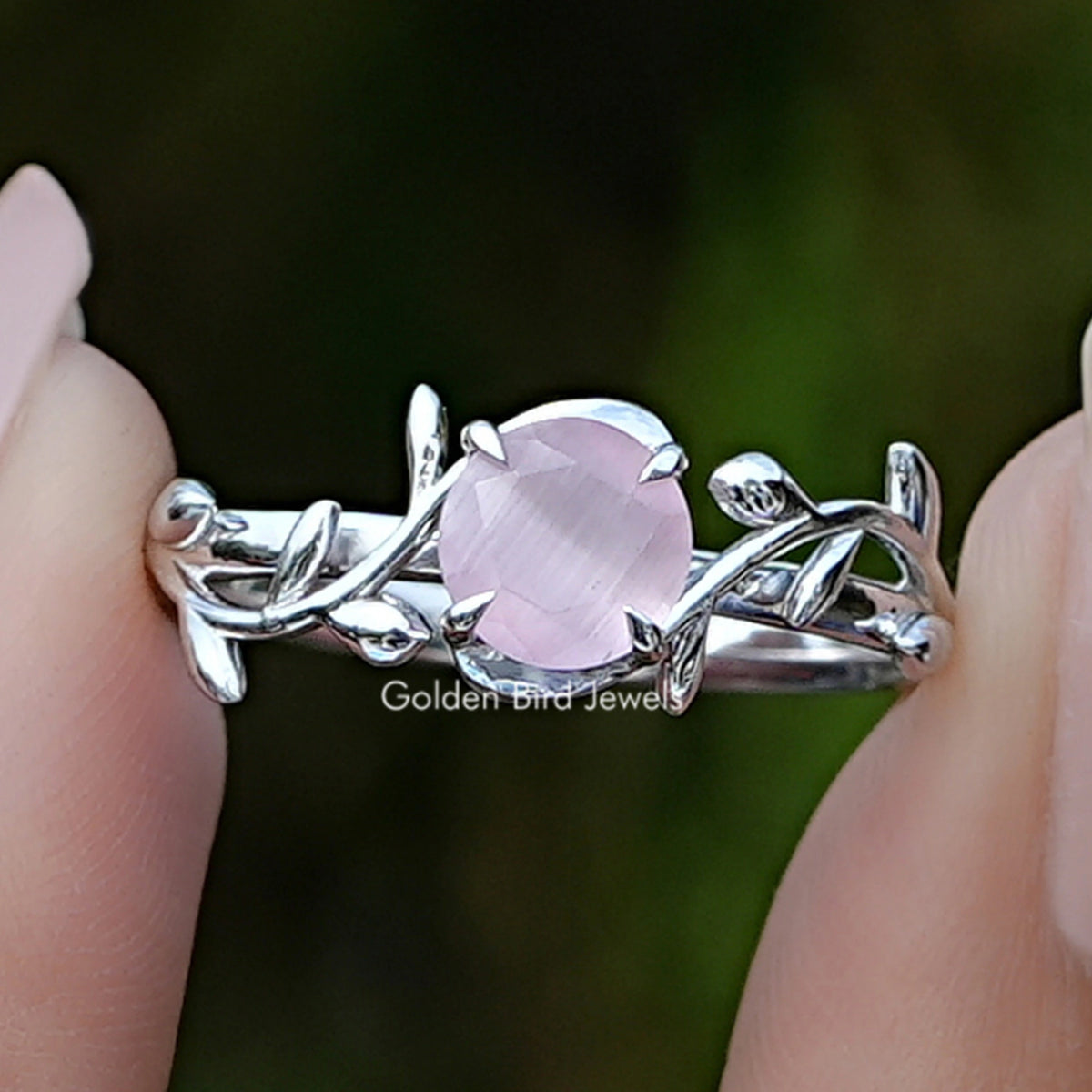 Rose Quartz Round Gemstone Leaf Style Ring