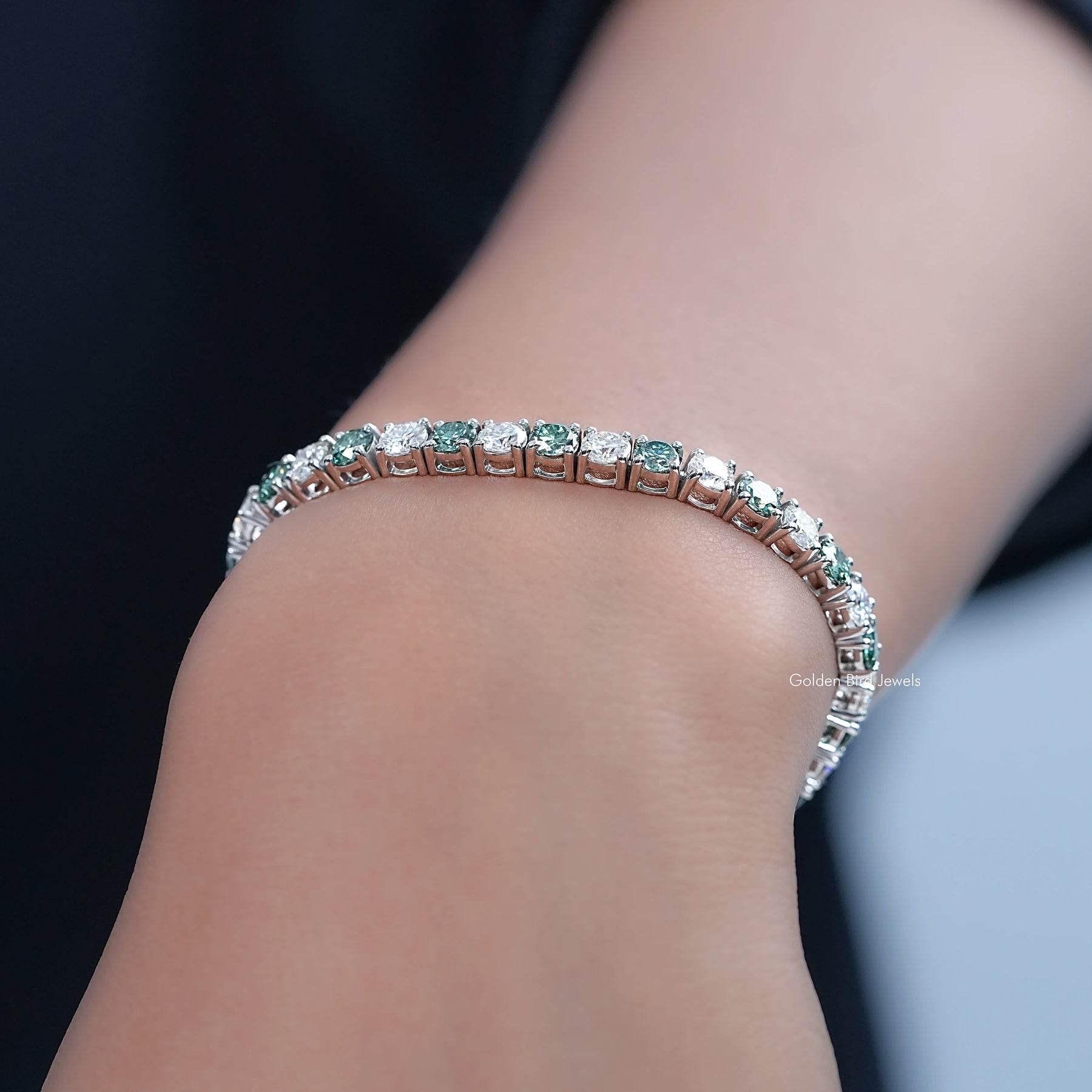 Side View Of Alternative Green Round Cut Moissanite Tennis Bracelet