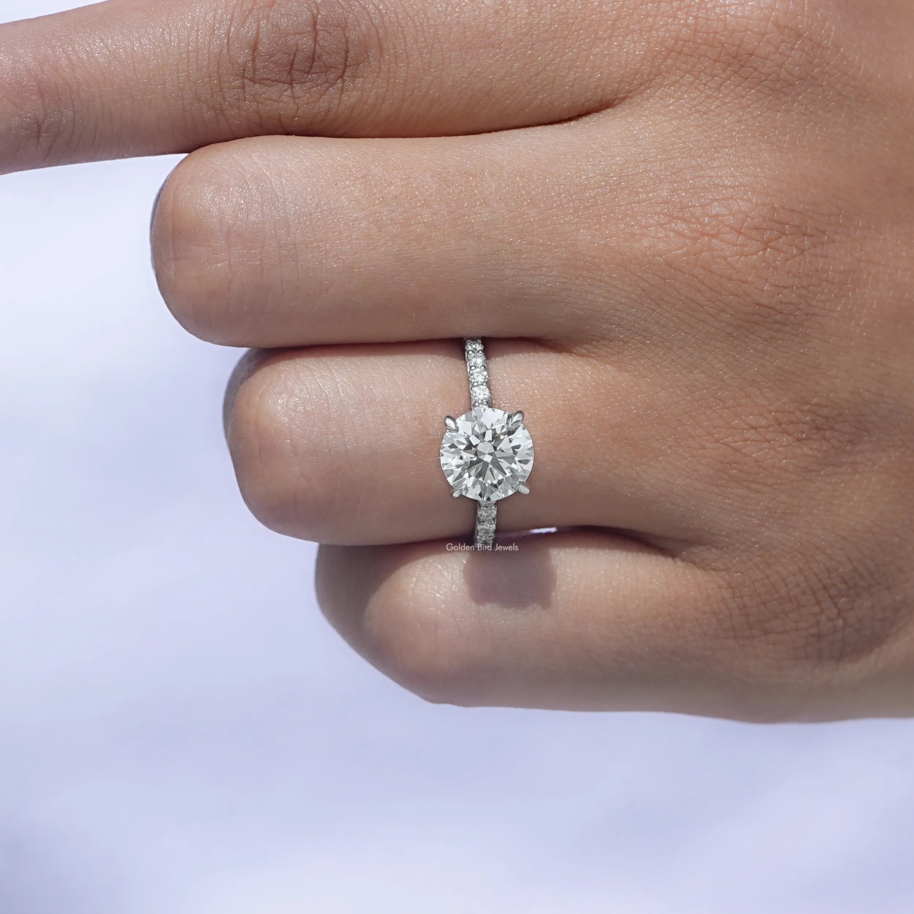 Close-Up View of Round Cut Lab Diamond Solitaire Ring
