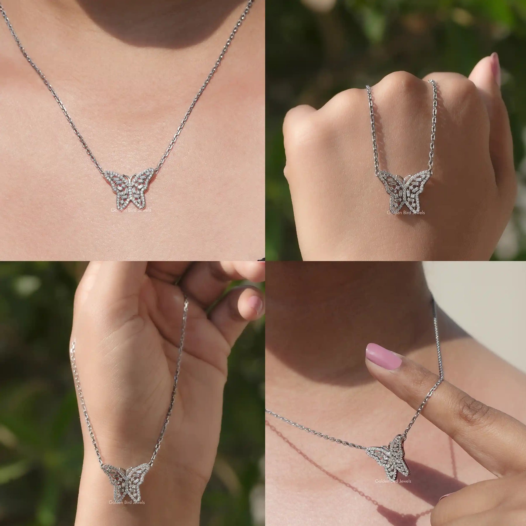 Front back side and close view of moissanite butterfly pendant