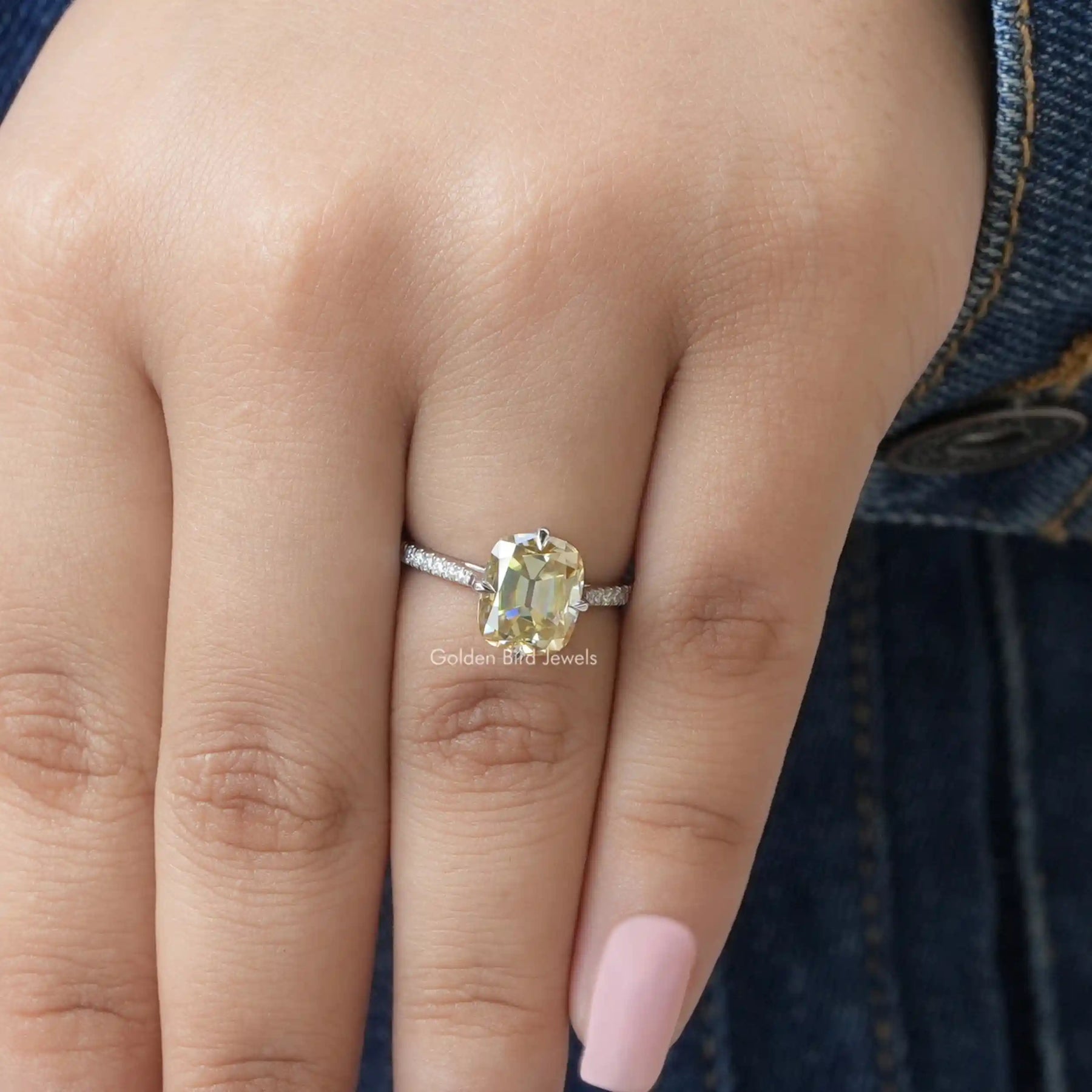 View of Cushion Cut Moissanite Engagement Ring In White Gold