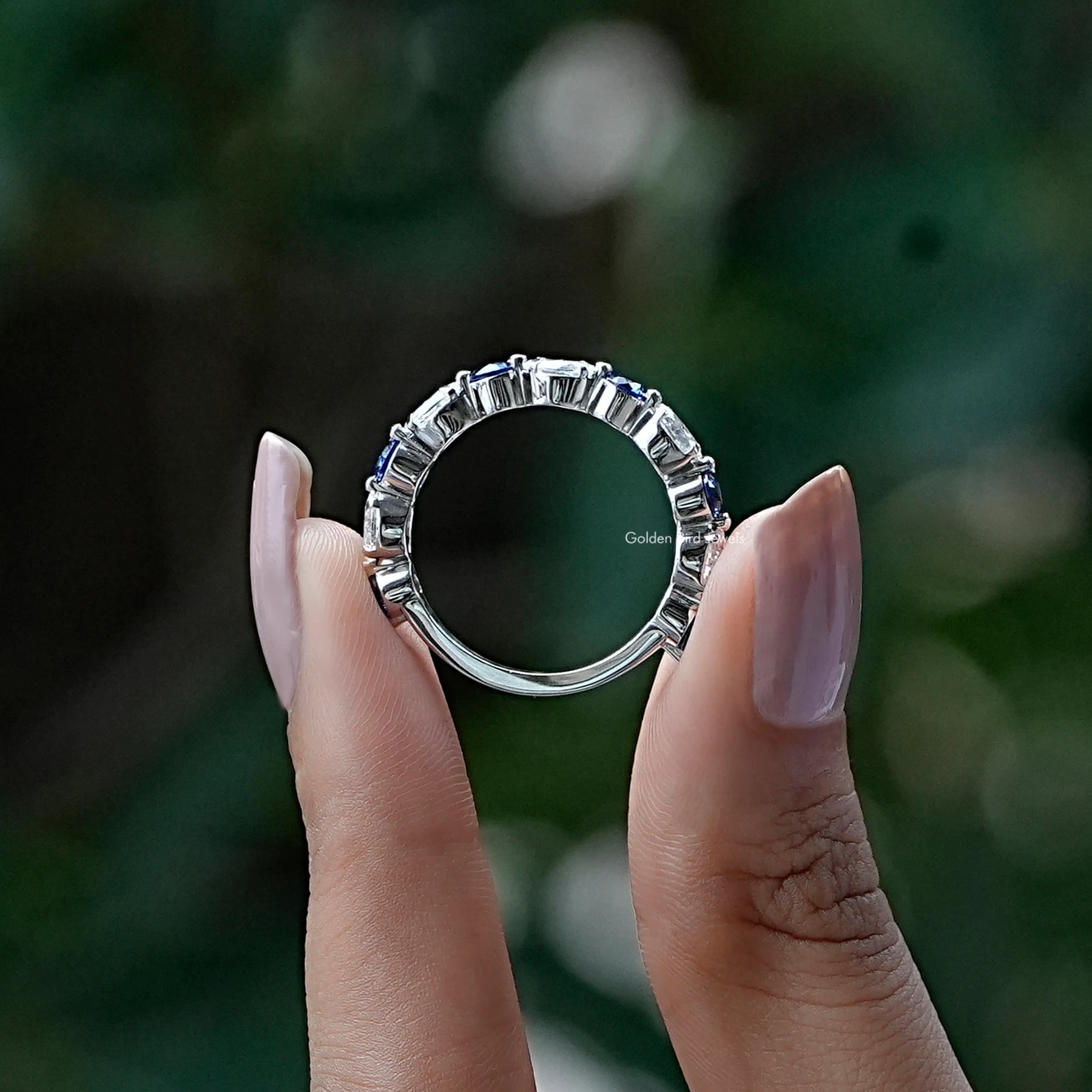 Back View of Round And Marquise Cut Moissanite Band In two fingers