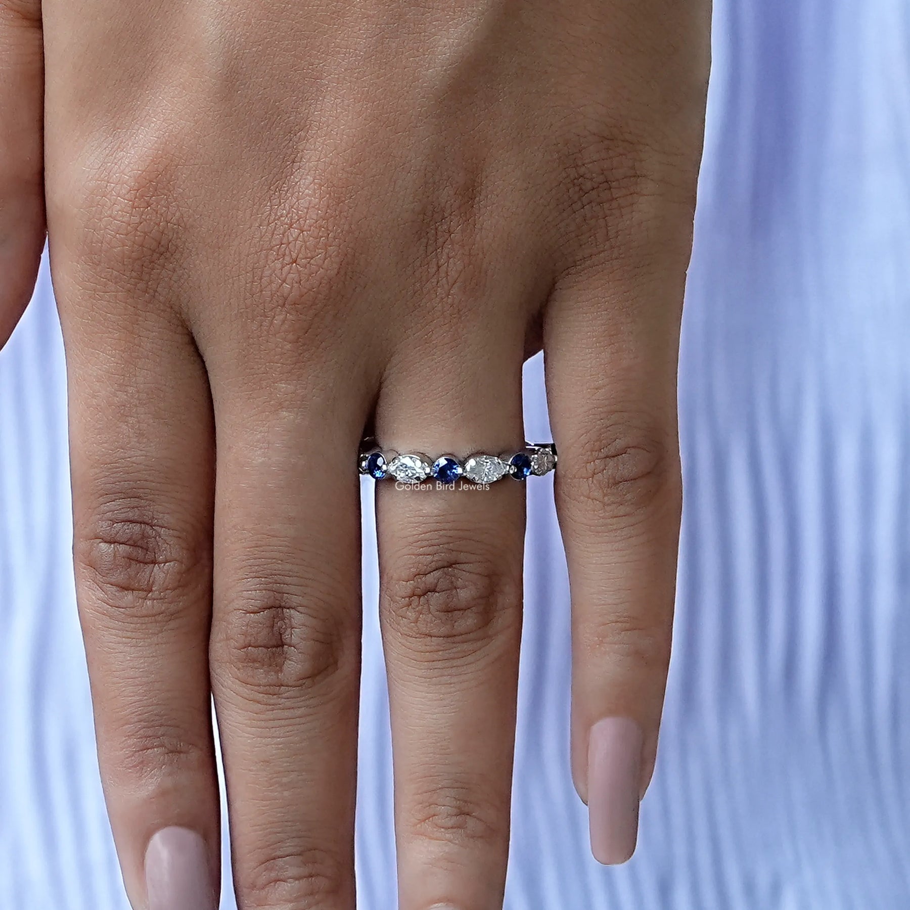 View of Marquise Shaped Moissanite Wedding Band In White Gold