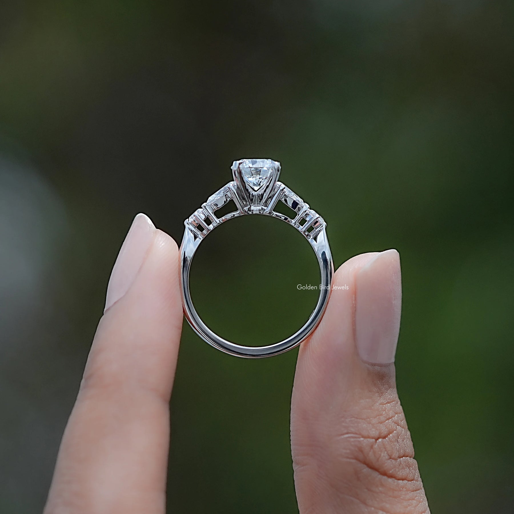 Back view of Round And Pear Cut Lab Diamond Five Stone Ring