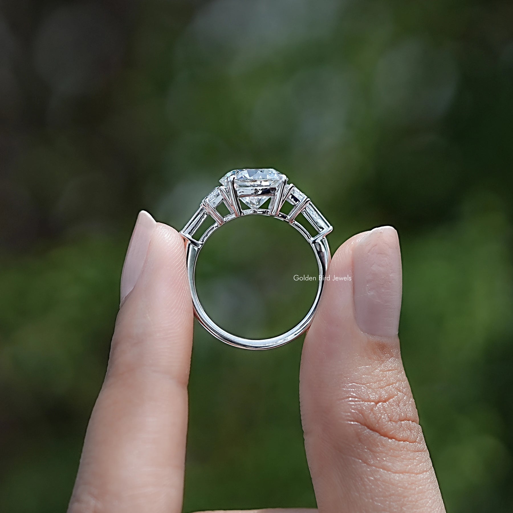 Back view of Round And Step Cut Trapezoid Lab Diamond Ring