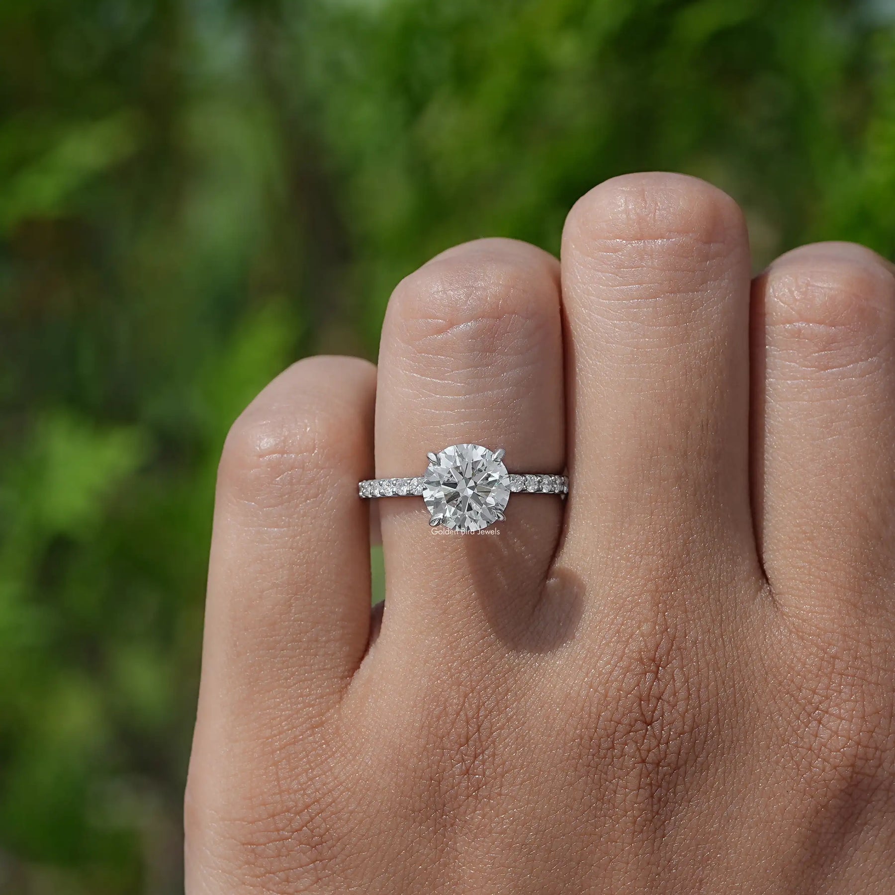 Detailed View Of Round Cut Accent Diamond Solitaire Ring In White Gold