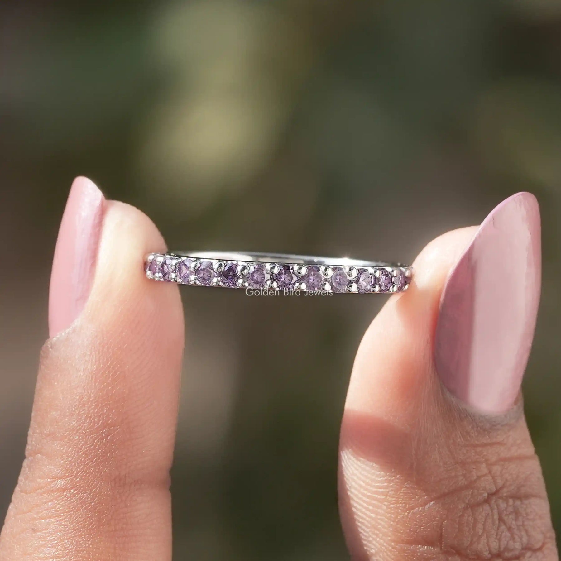 View of Round Cut Alexandrite Gemstone Half Eternity Wedding Band In White Gold