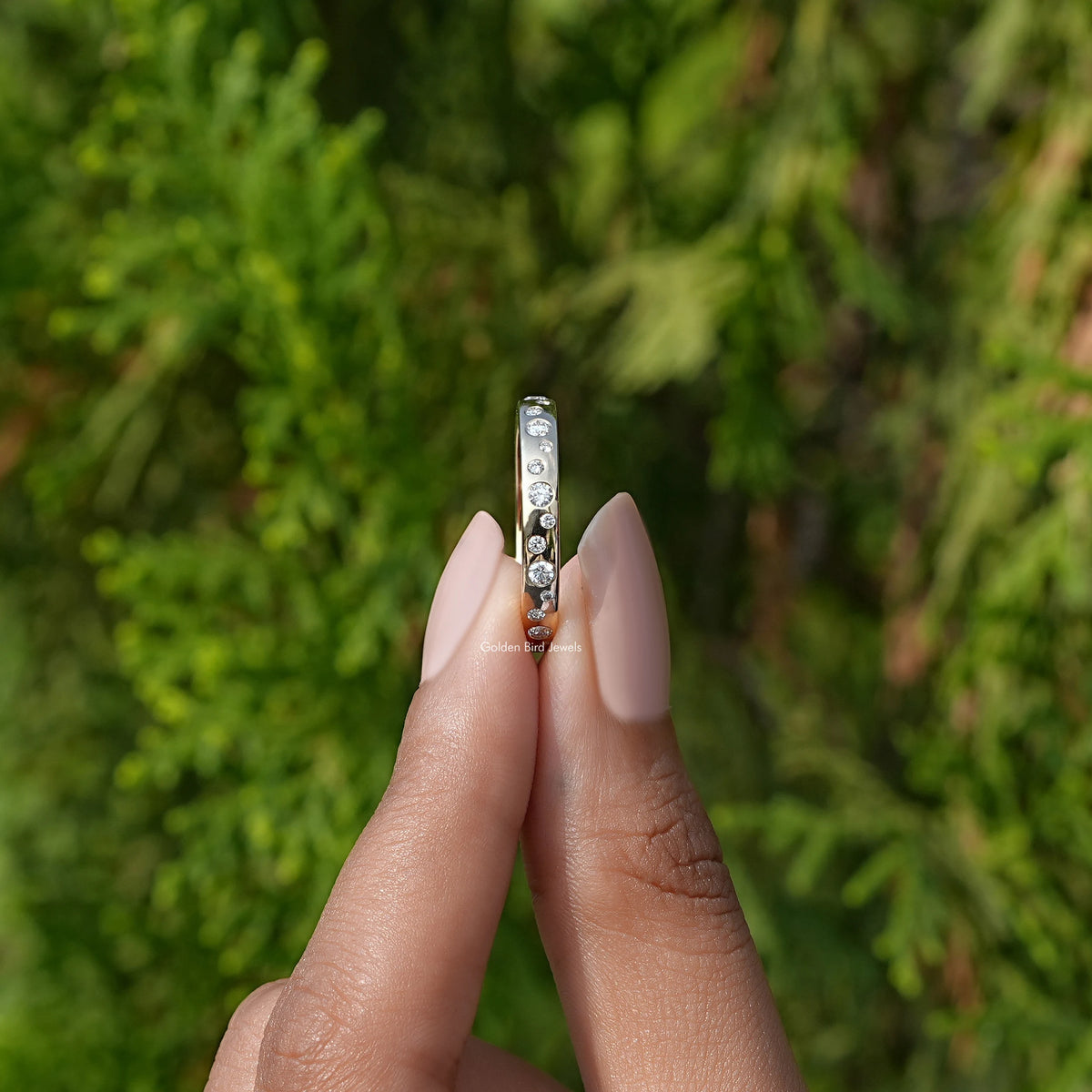 Side View of Diamond Flush Set Eternity Band In two fingers
