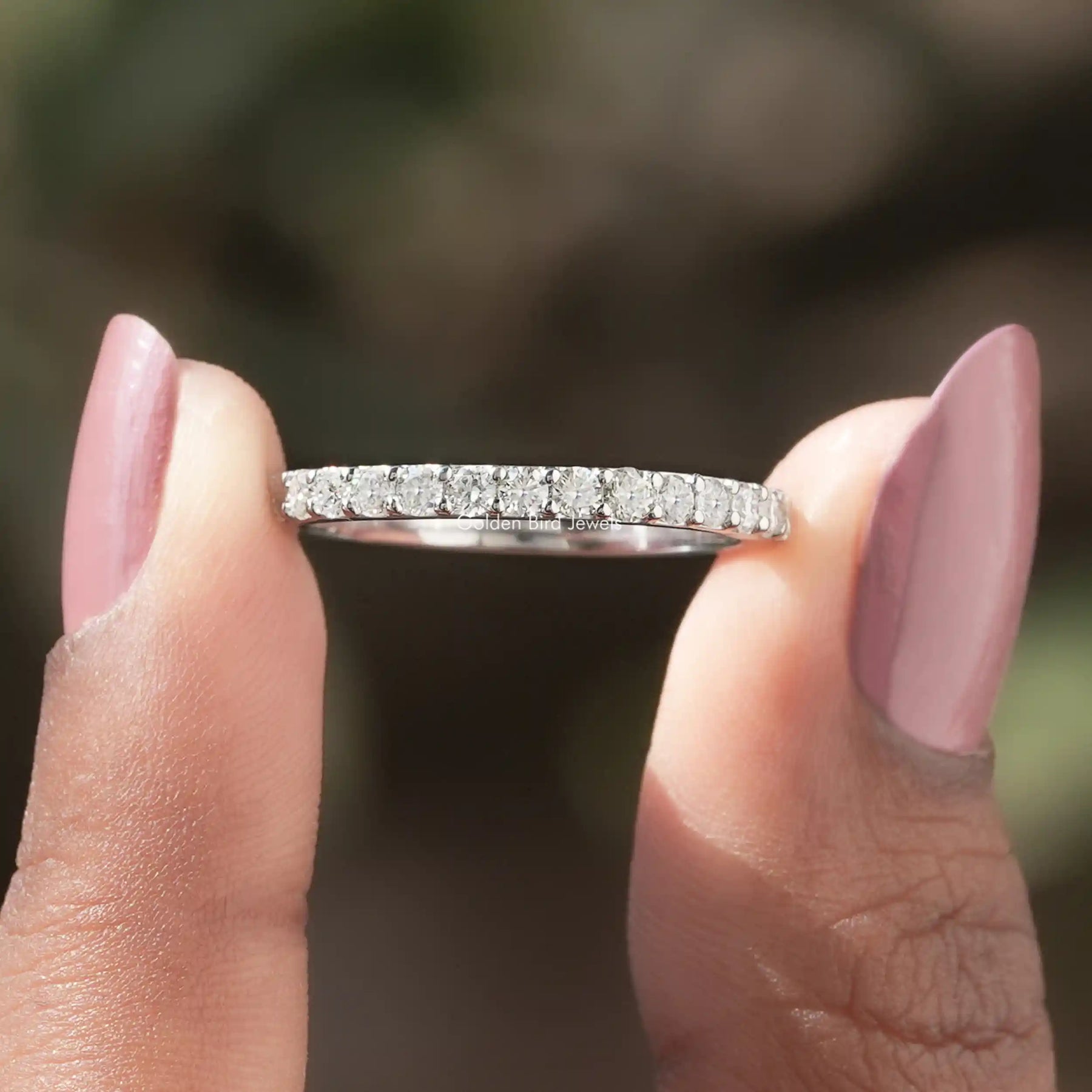 Front View of Round Cut Diamond Gemstone Half Eternity Wedding Band In two Fingers