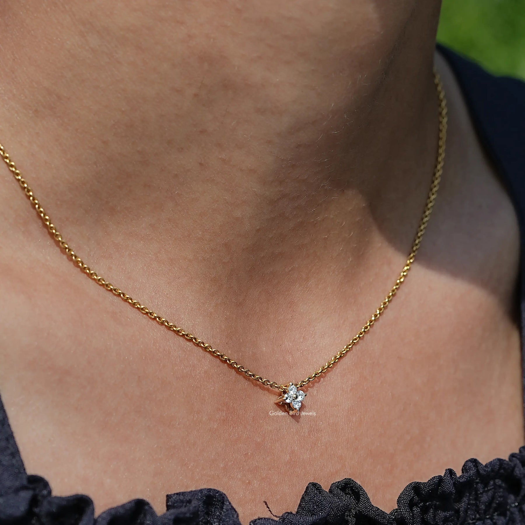 View of Round Cut Flower Diamond Pendant In Wear of Women's