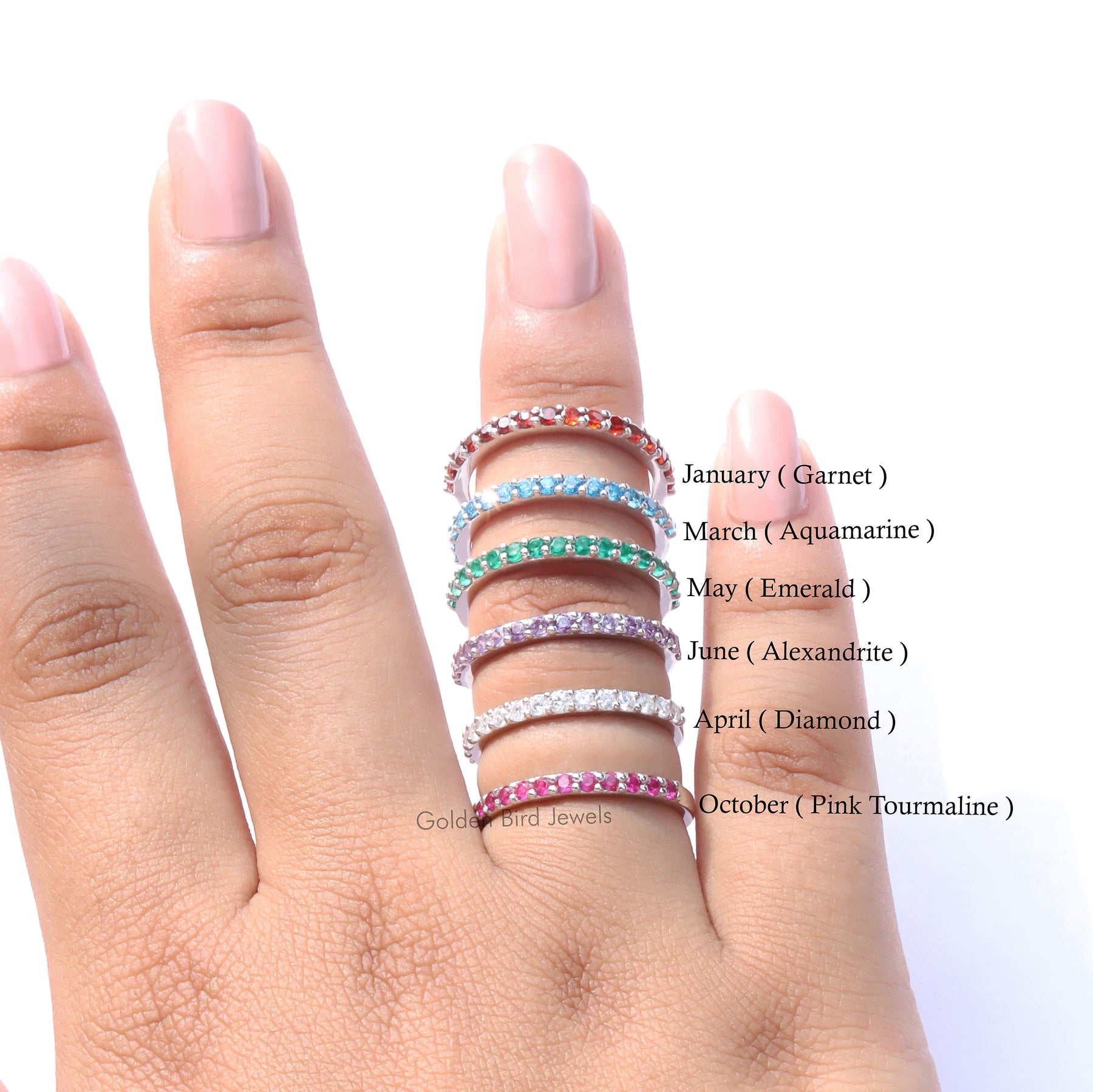 View of Round Cut Gemstone Multicolor Half Eternity Band In Women's