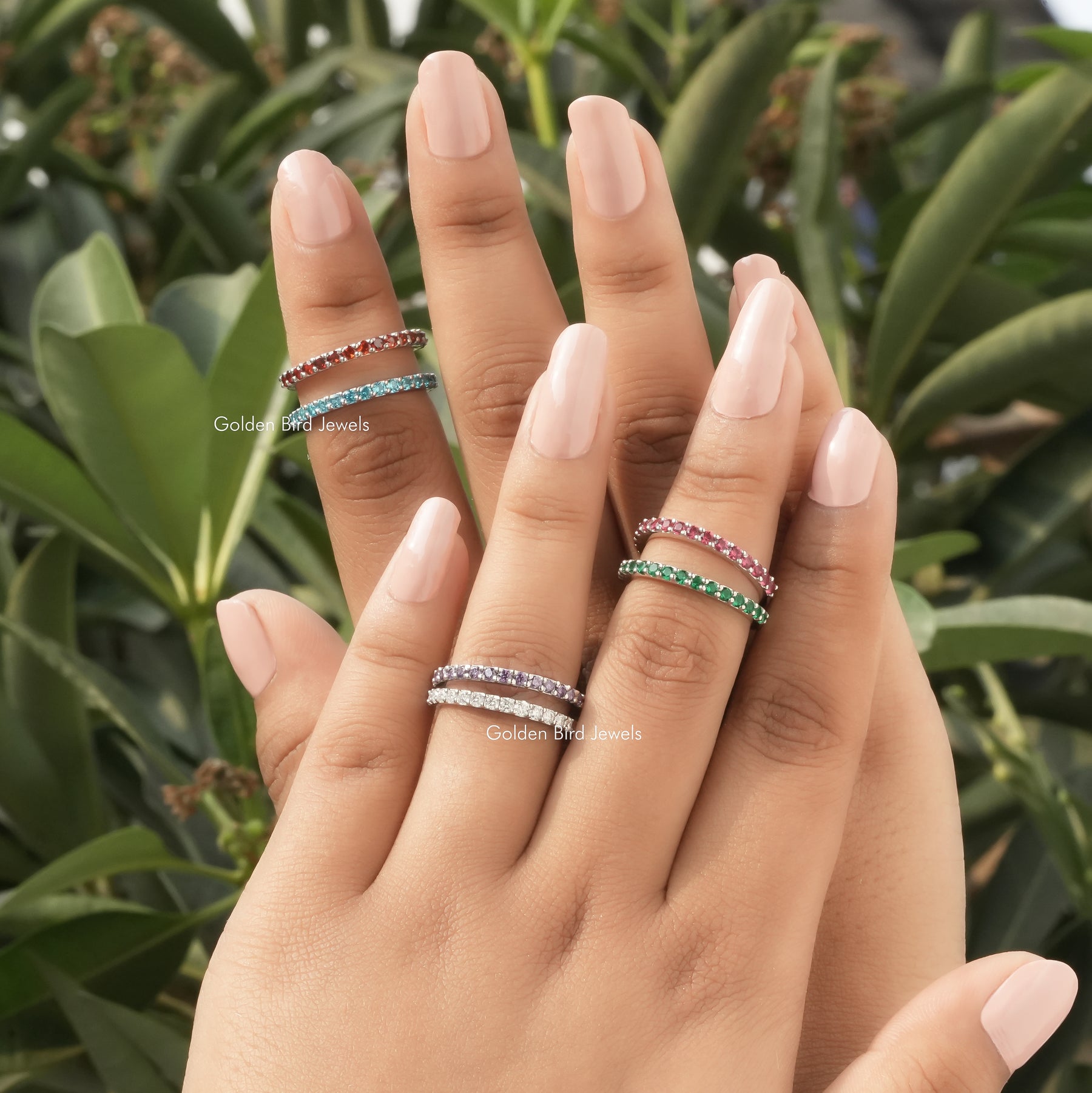 View of Round Cut Gemstone Multicolor Half Eternity Band in Women's