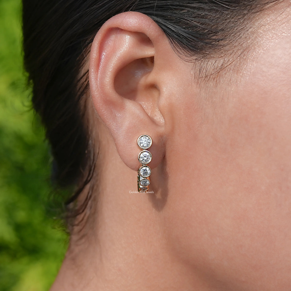 Front View of Round Cut Lab Diamond C Hoop Earrings In Yellow Gold