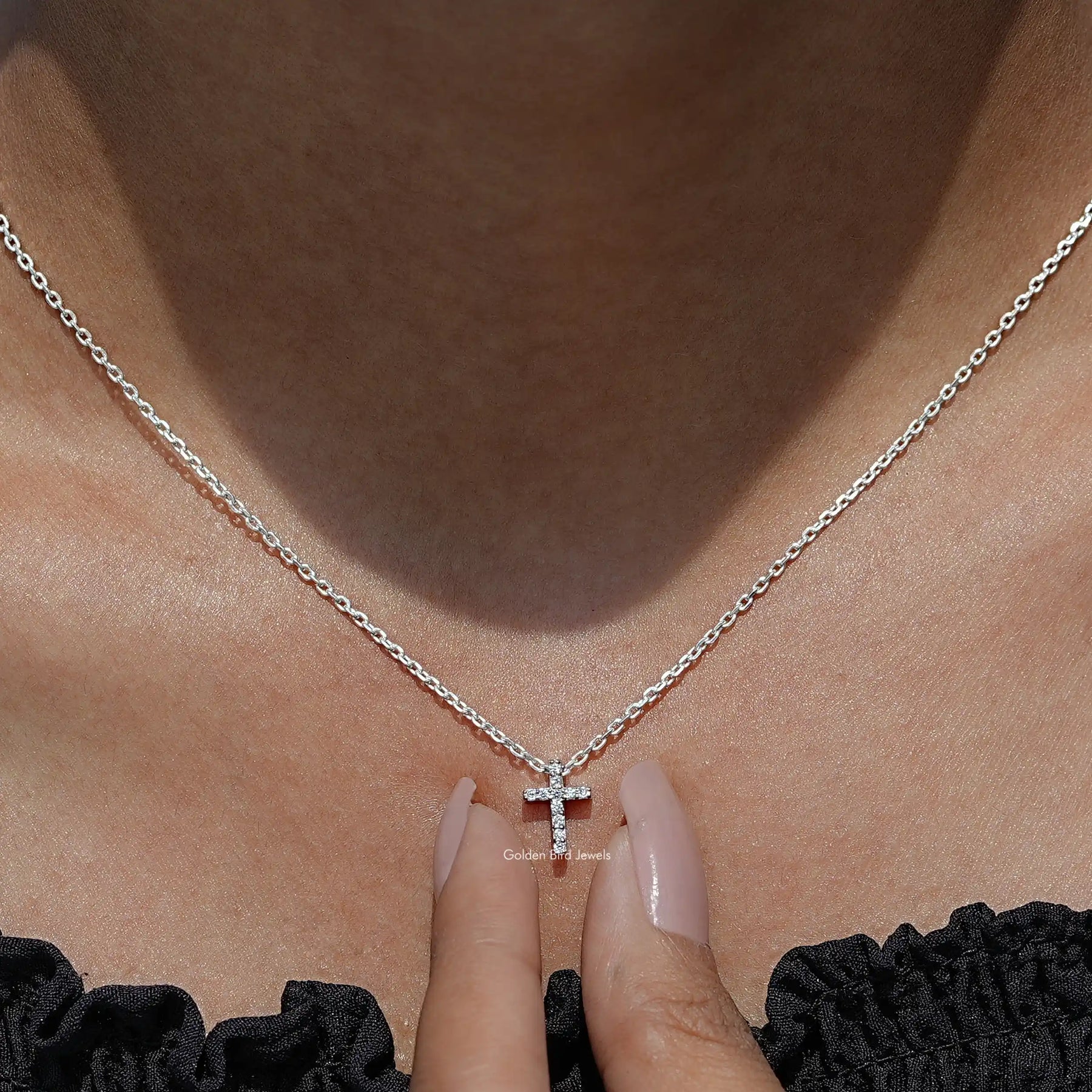 Detailed View of Round Cut Lab Diamond Cross Pendant In White Gold