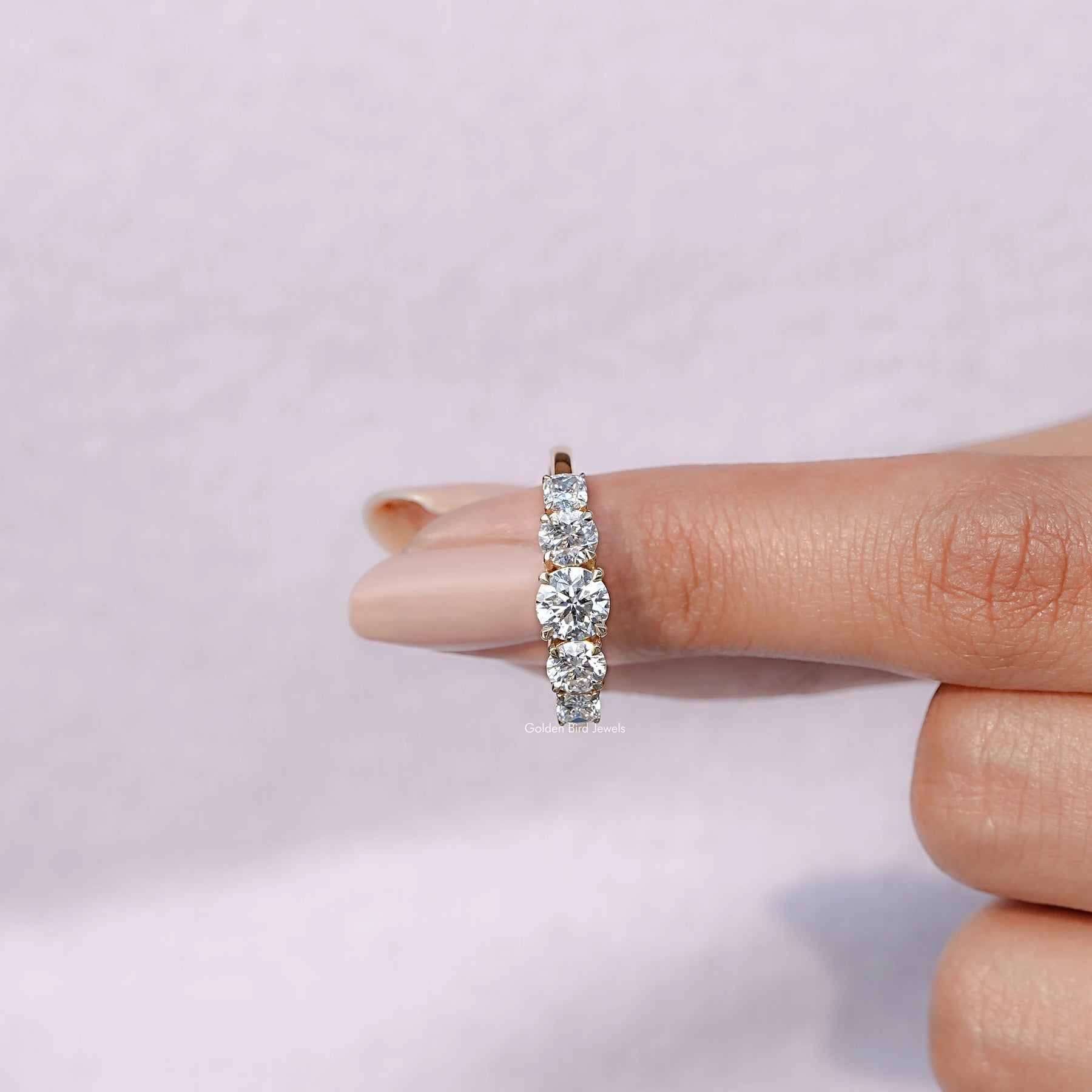 In finger front View of Round Cut Lab Diamond Engagement Ring