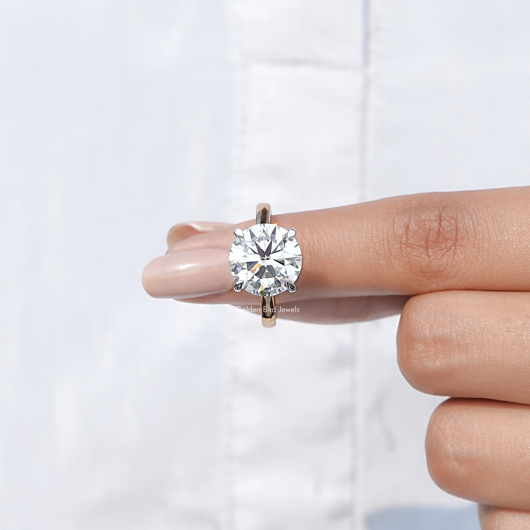 In finger front View of Round Cut Lab Diamond Solitaire Engagement Ring In White Gold