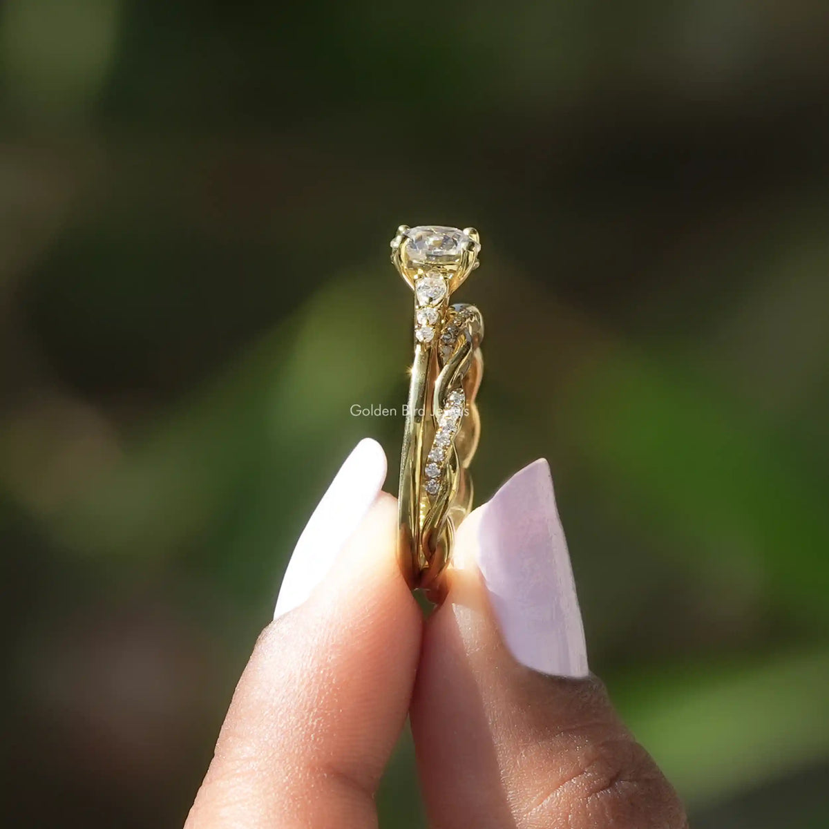 Side View of Round Cut Lab Diamond Accent Bridal Set