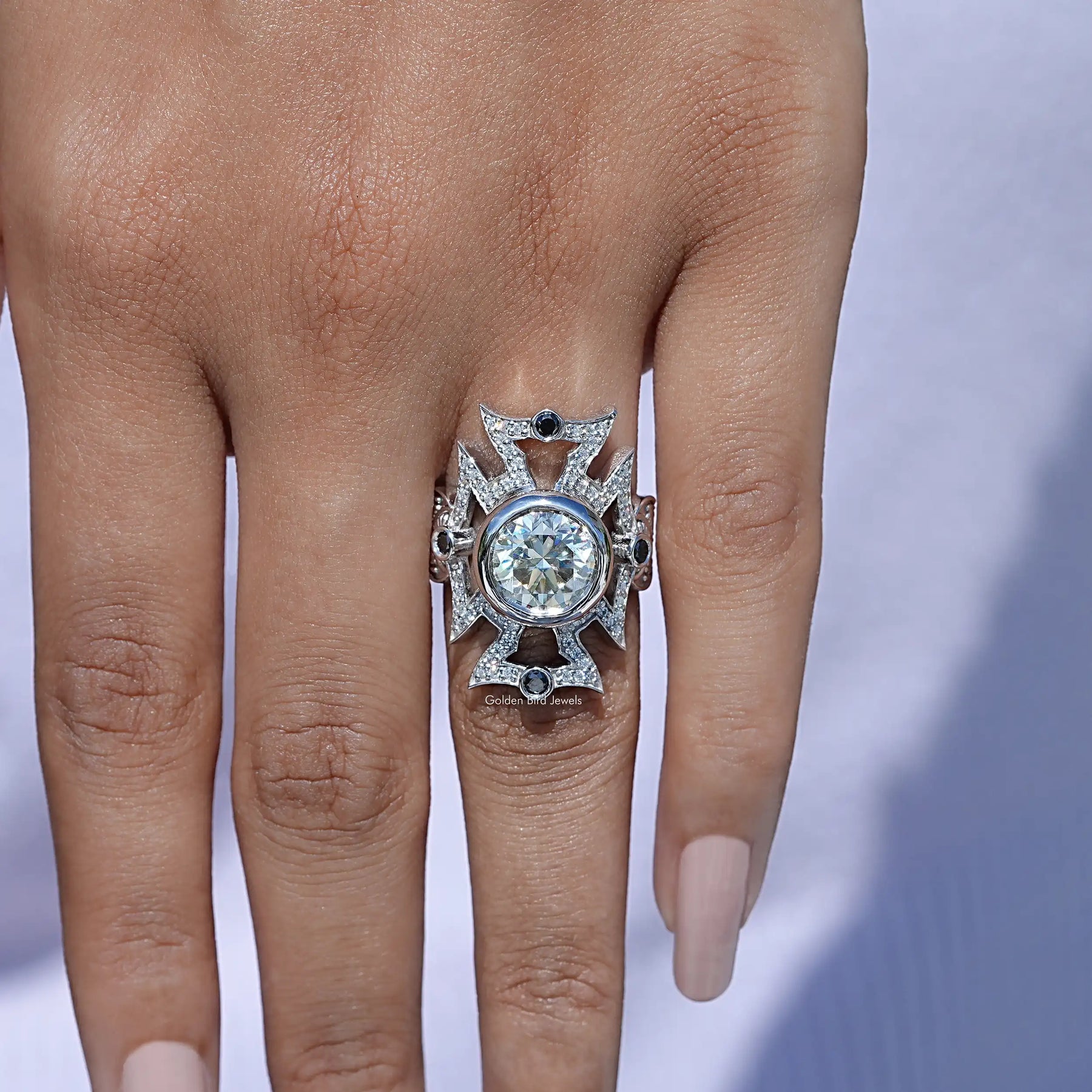 Close view of moissanite ring in secure setting