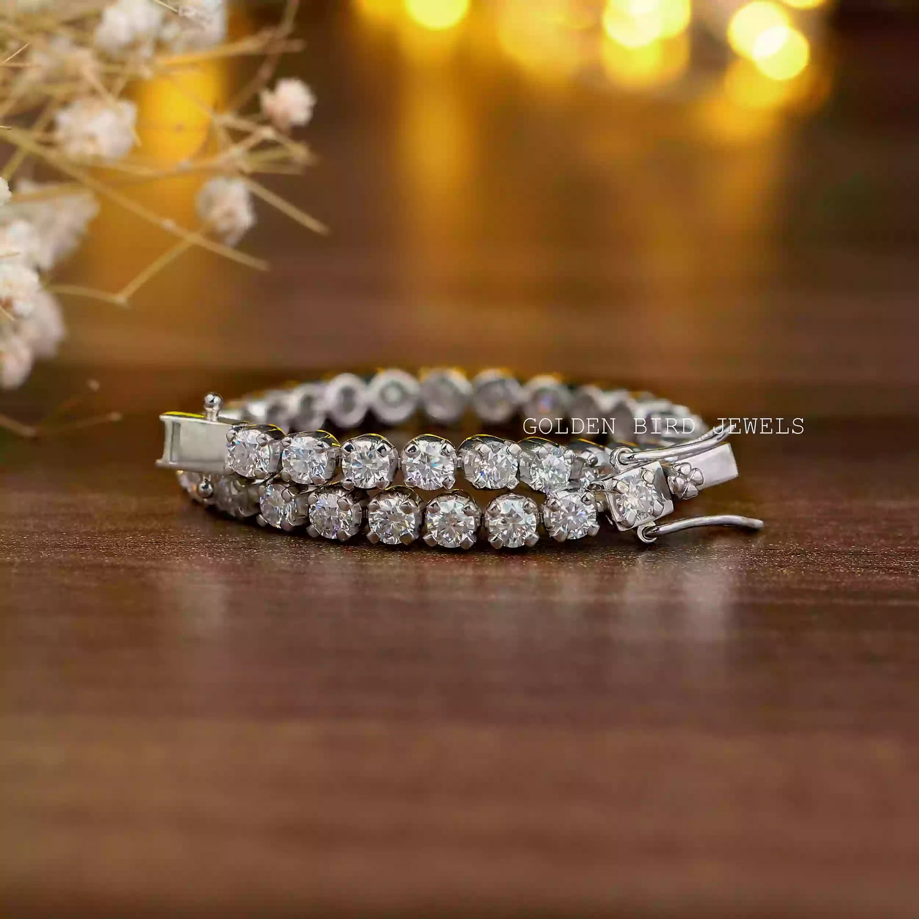 Close view of moissanite chain bracelet in secure setting
