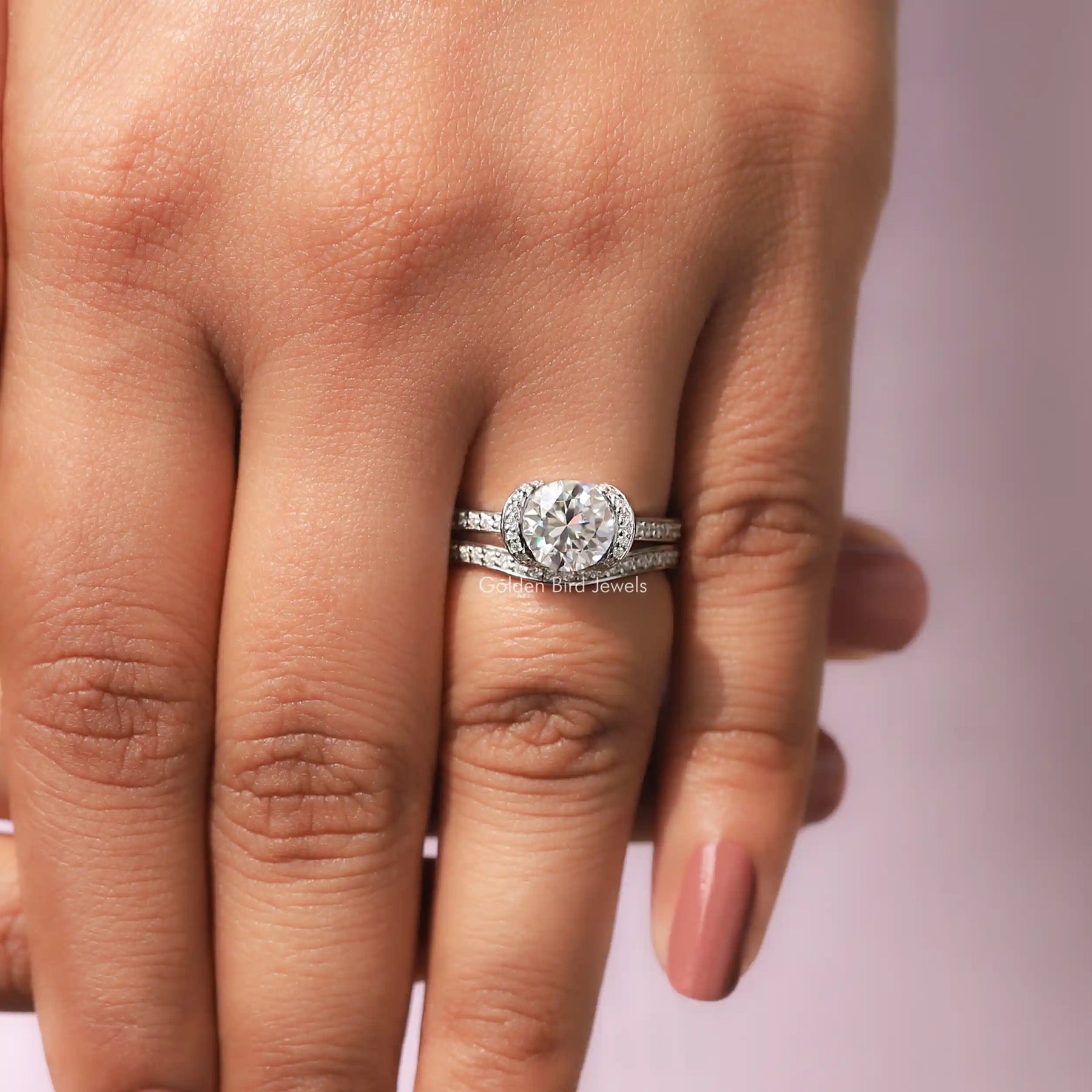 Profile View of Round Cut Moissanite Halo Bridal Ring Set