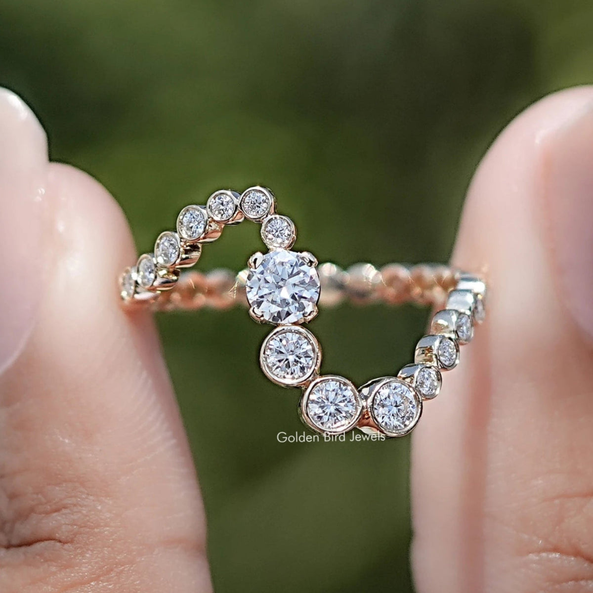 Front view of Round Cut Moissanite Curved Eternity Band