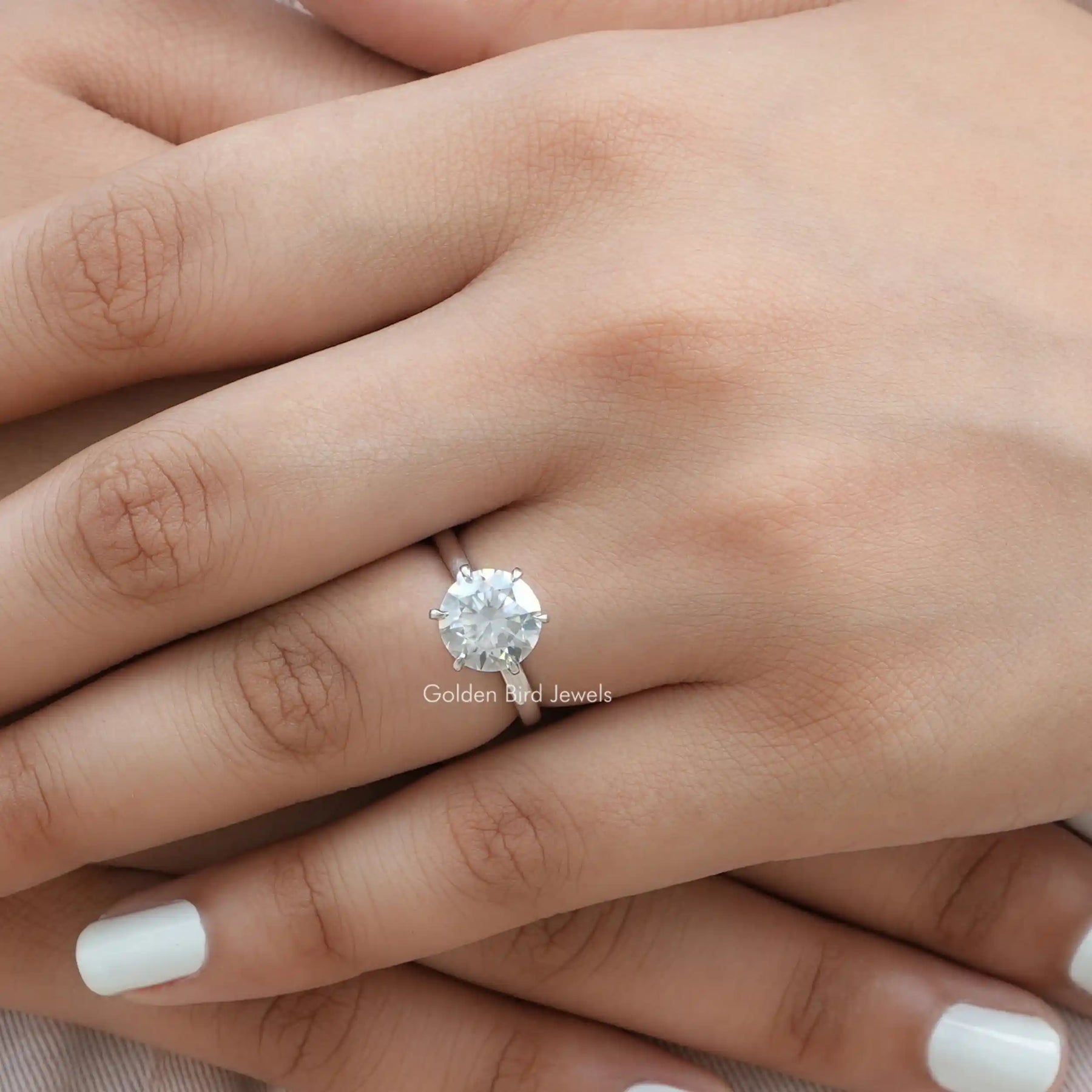 Close-Up View of Round Cut Diamond Ring In 14K White Gold