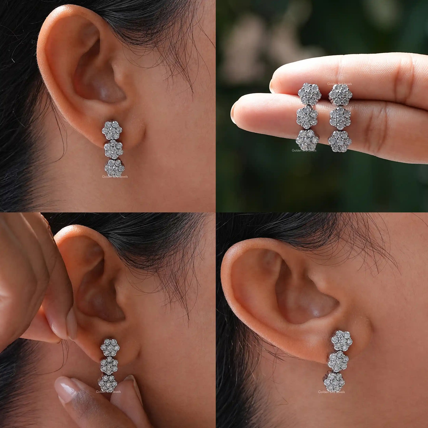 4 image view of cluster moissanite earrings