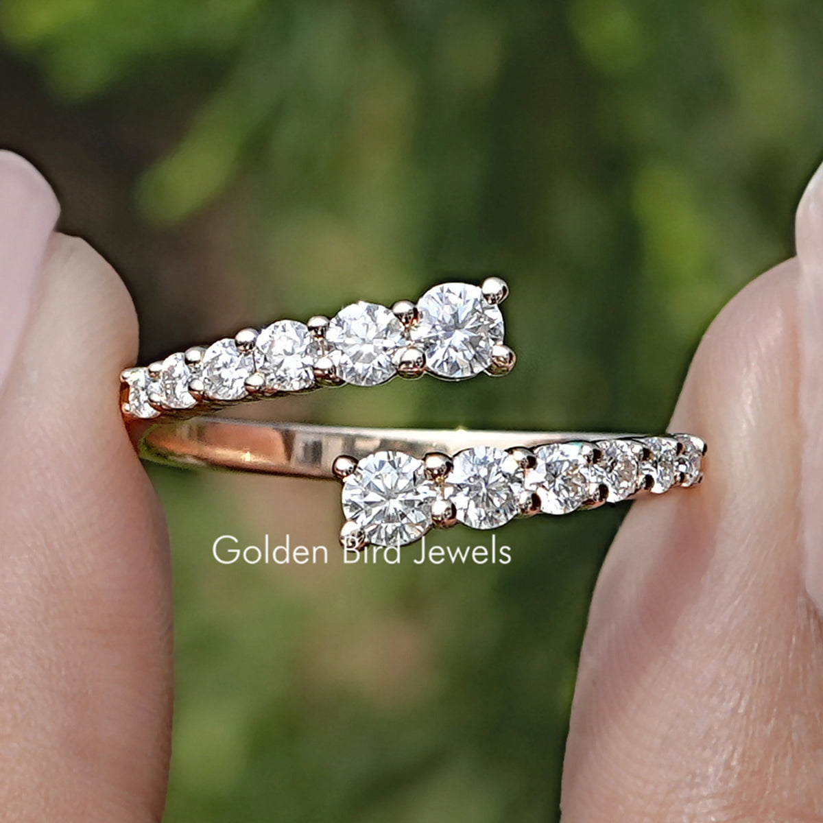 Front view of Round Cut Moissanite Open Wrap Bypass Ring