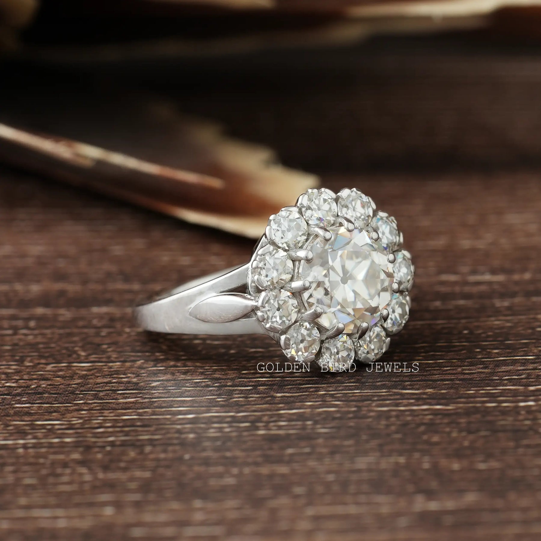 Side View of Round Cut Moissanite Engagement Ring In two fingers