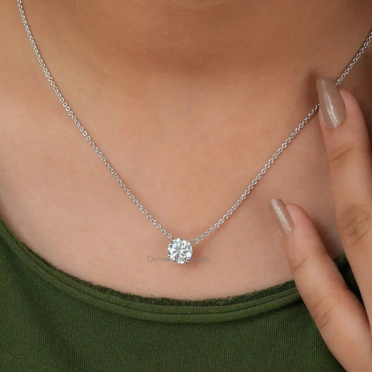 View of Round cut moissanite solitaire pendant