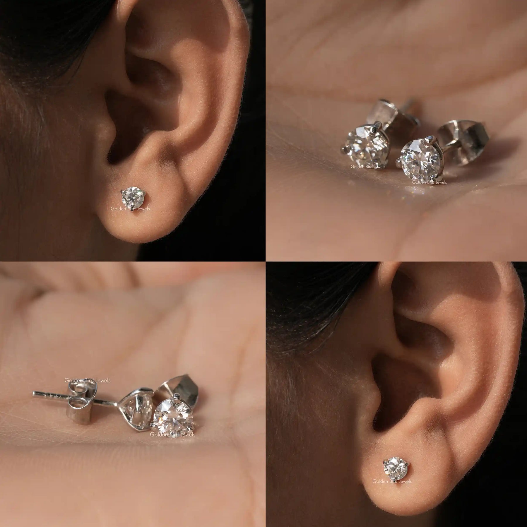 In 4 image view of stud moissanite earings