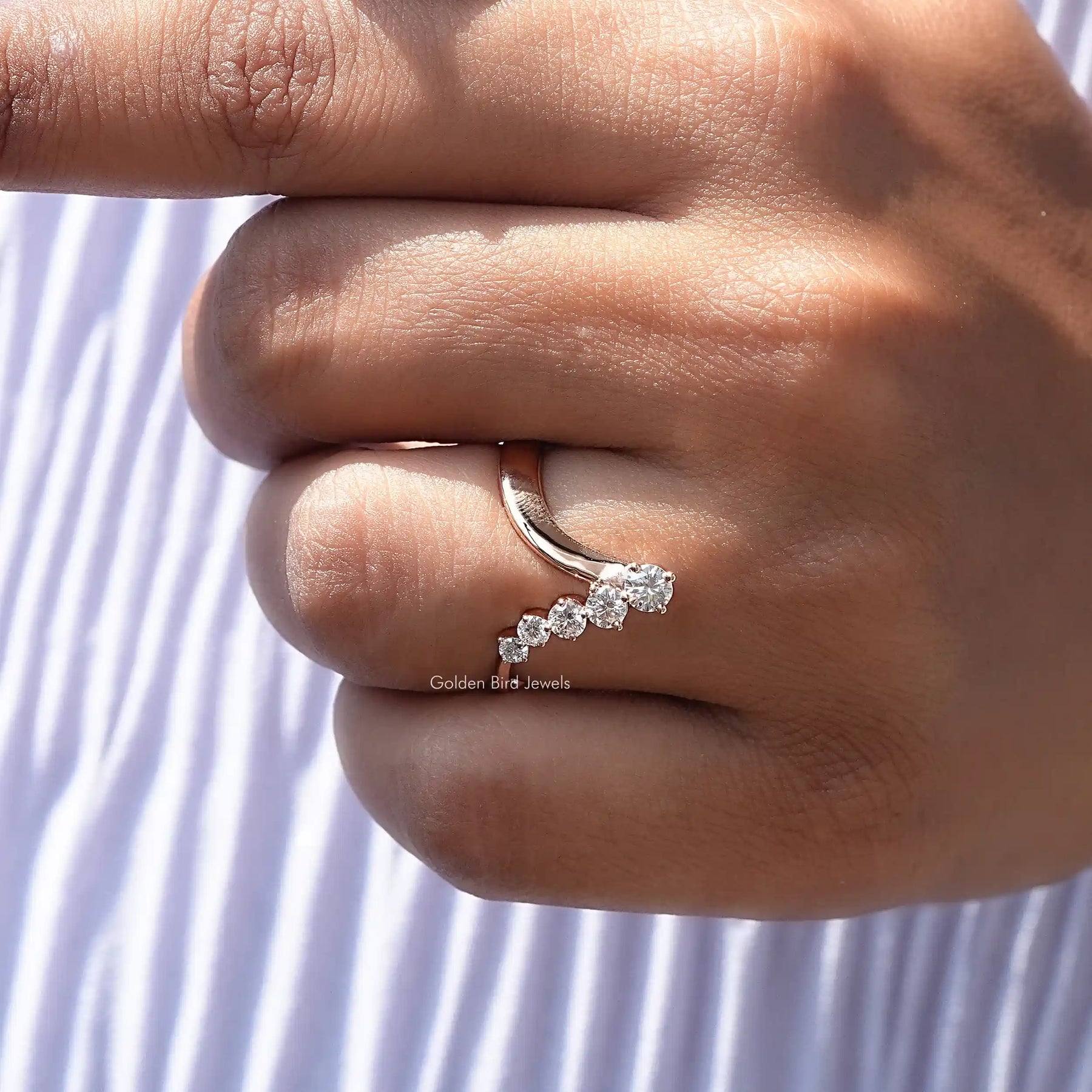 Detailed View Of Round Cut Moissanite V Shaped Chevron Ring In Yellow Gold