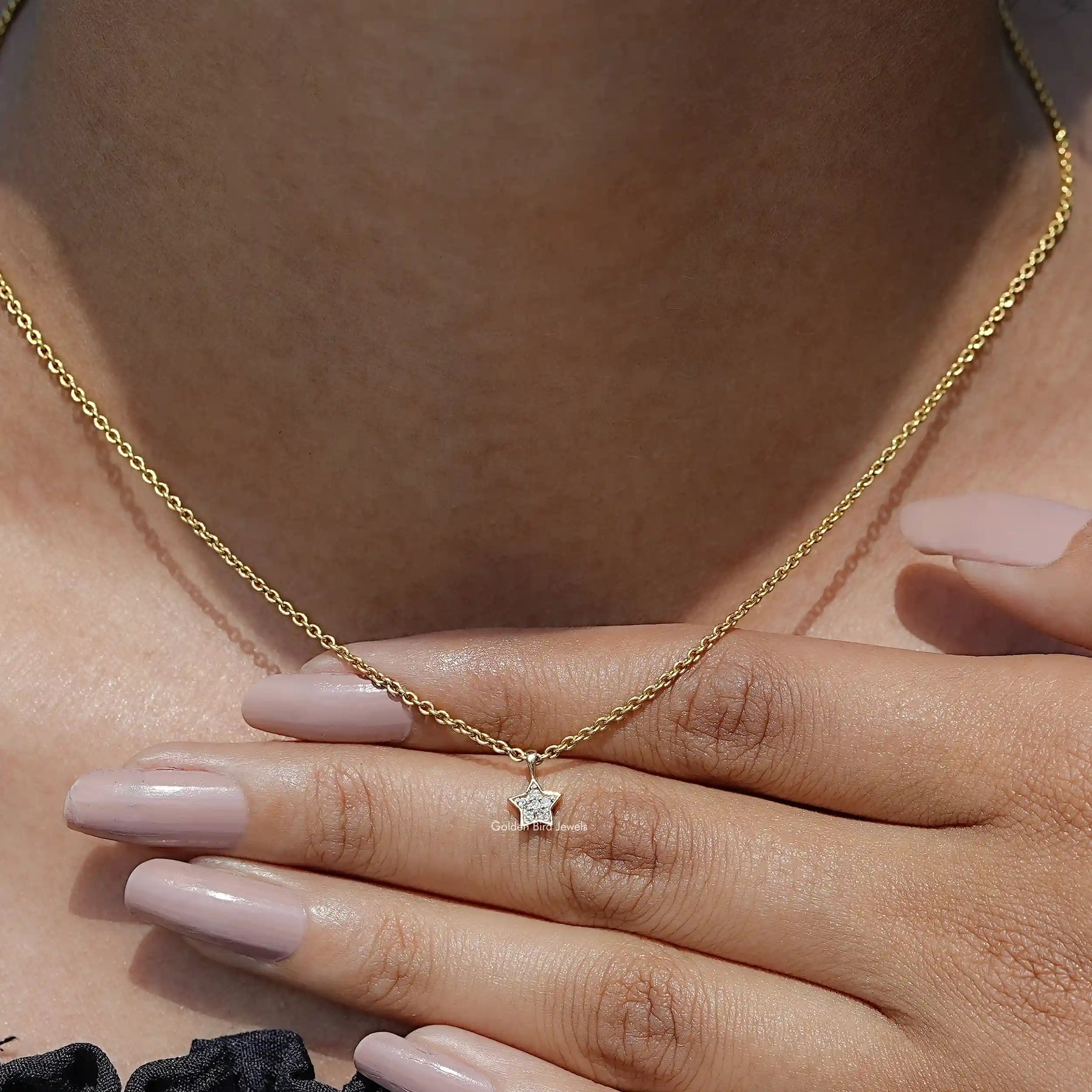 Neck's View of Round Cut Diamond Pave Set Pendant In Yellow Gold