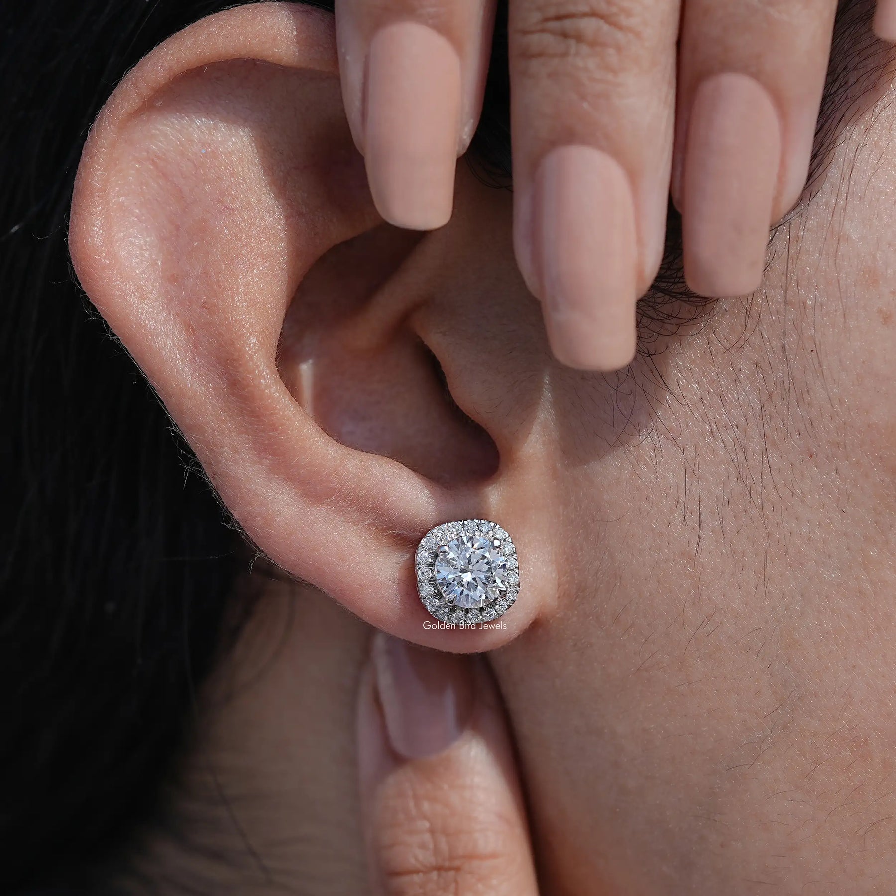 Front View of Round Cut Diamond Stud Earrings In White Gold
