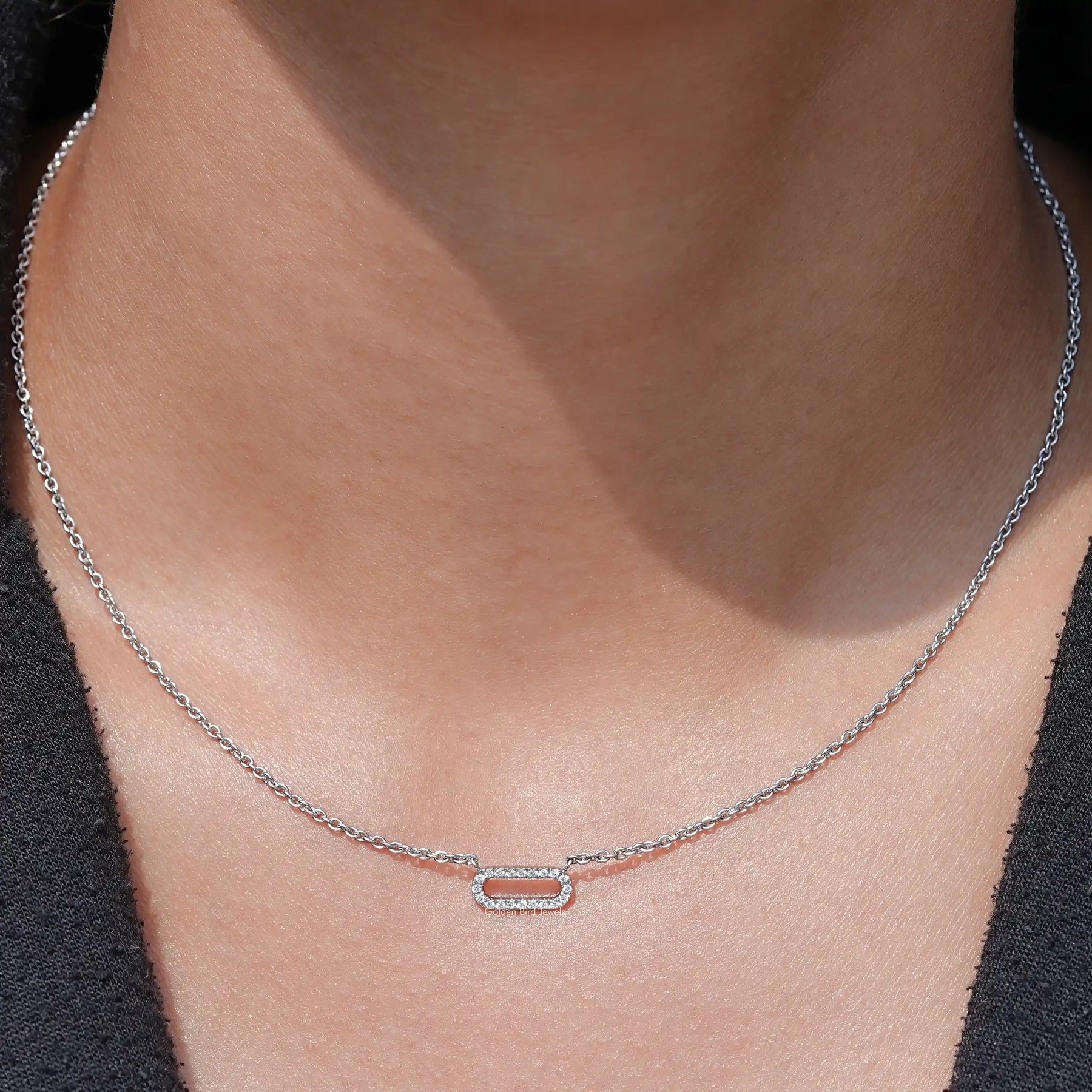 View Of Round Cut Lab Grown Paperclip Diamond Pendant In white Gold