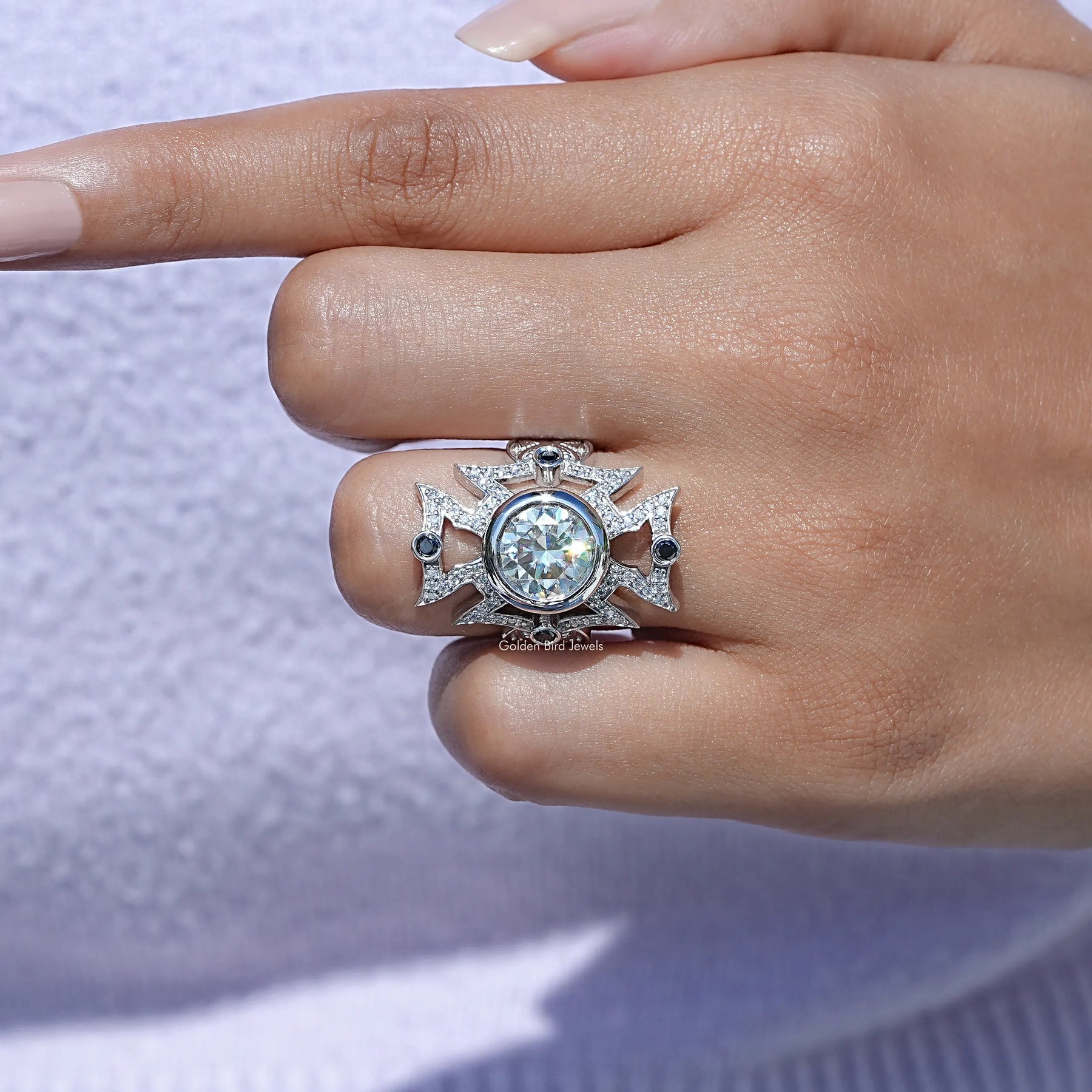 Full view of moissanite Ring in unique shape