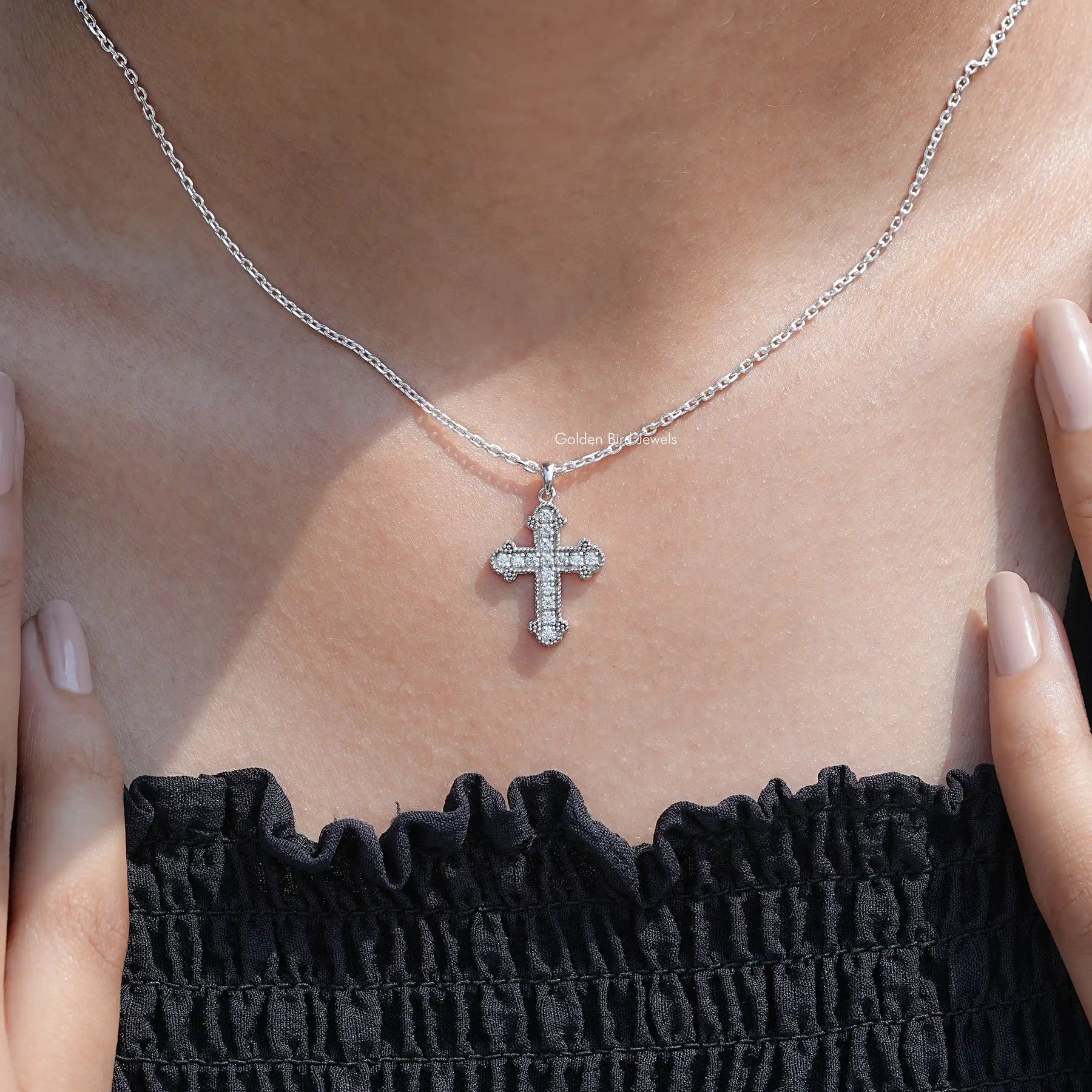 Round Cut Moissanite Encrusted Cross Pendant in Prong Setting