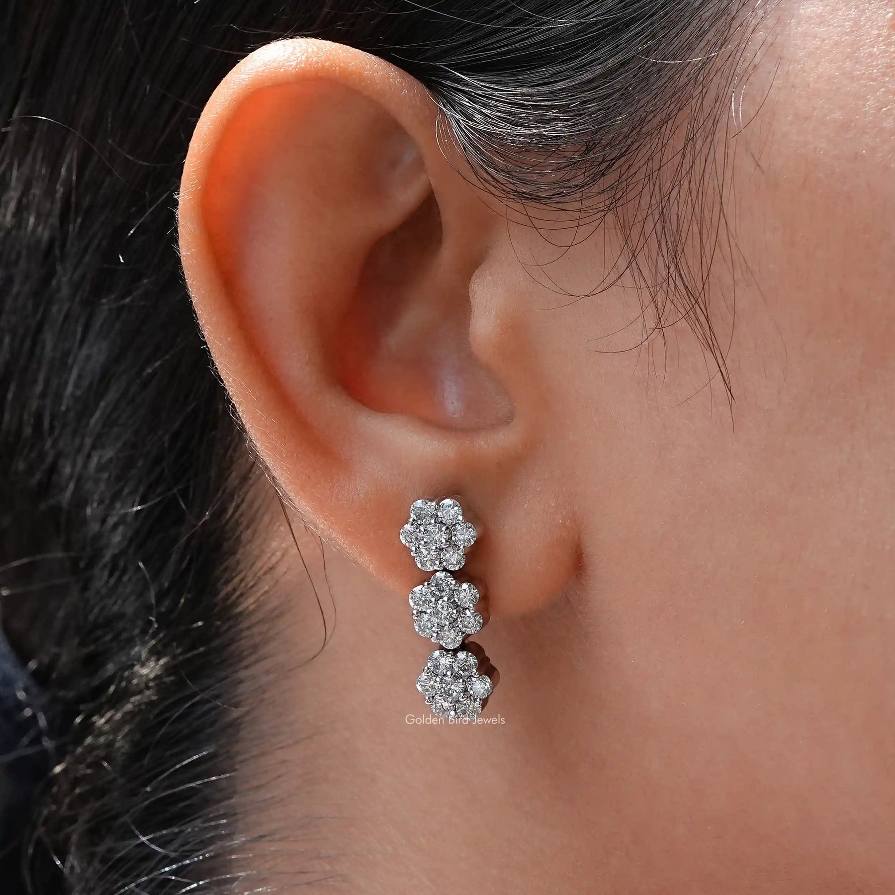 View of Moissanite stud earrings in white gold