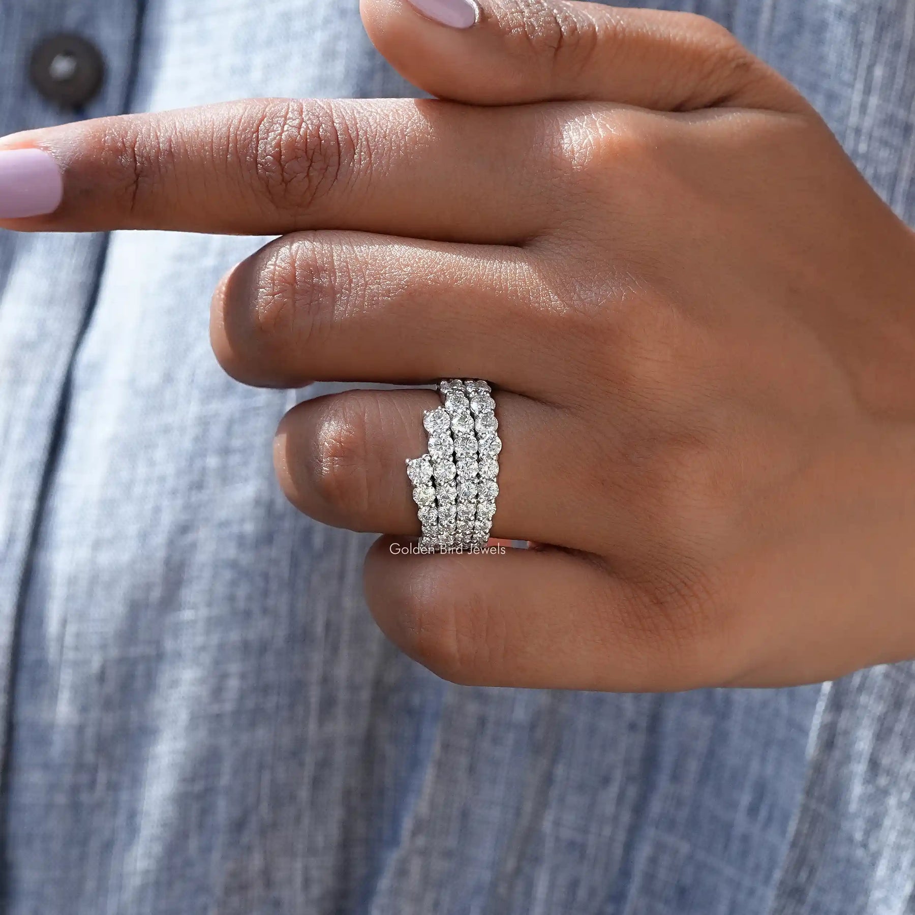Round Cut Moissanite Half Eternity Wedding Band In White Gold