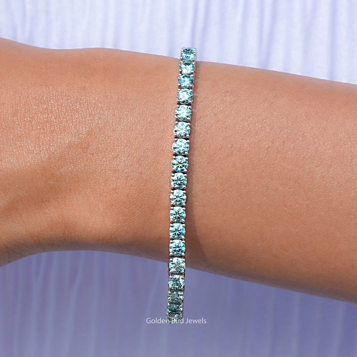 Front view of Blue Round Cut Moissanite Tennis Bracelet