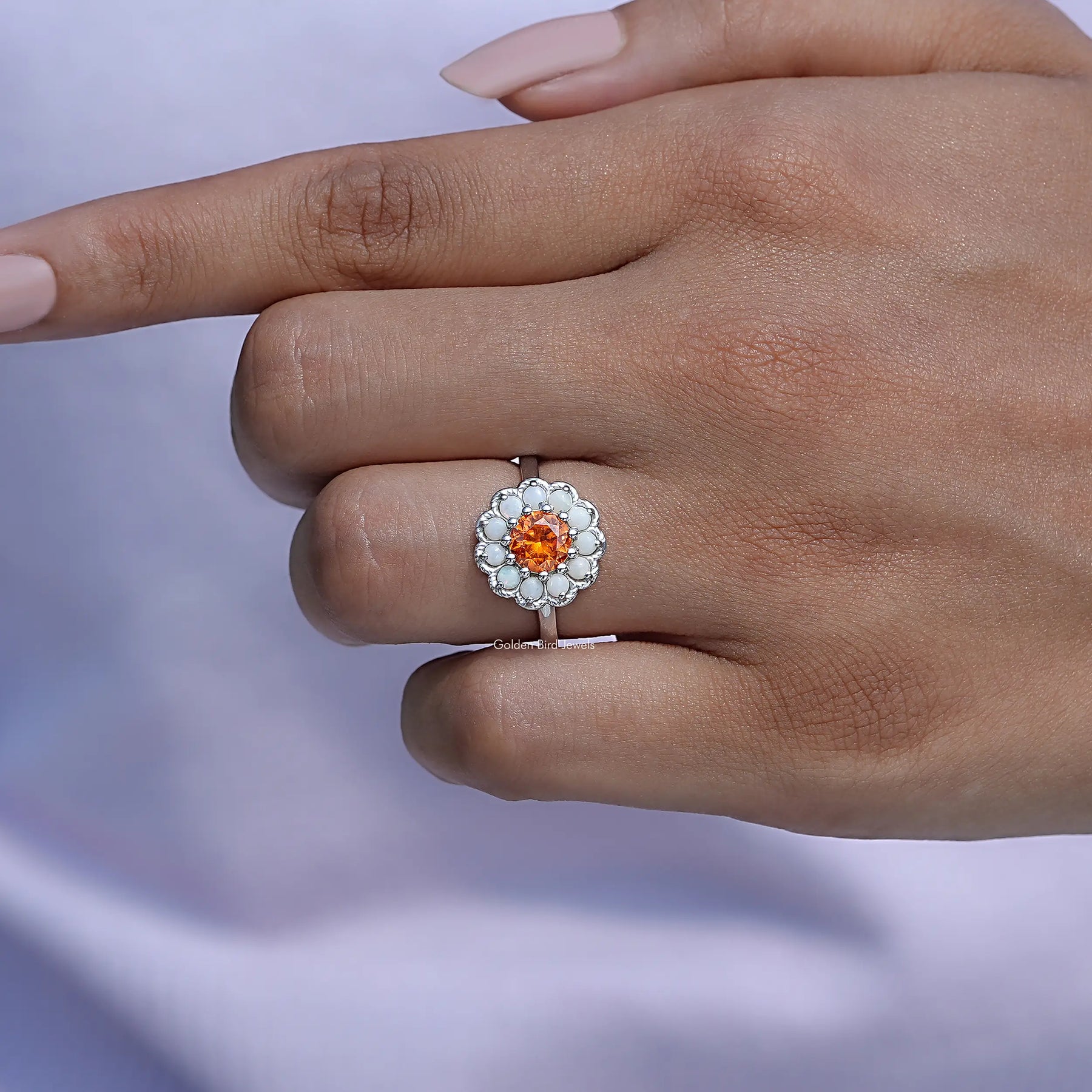 Close-Up View of Sunstone Round Cut Engagement Ring In White Gold