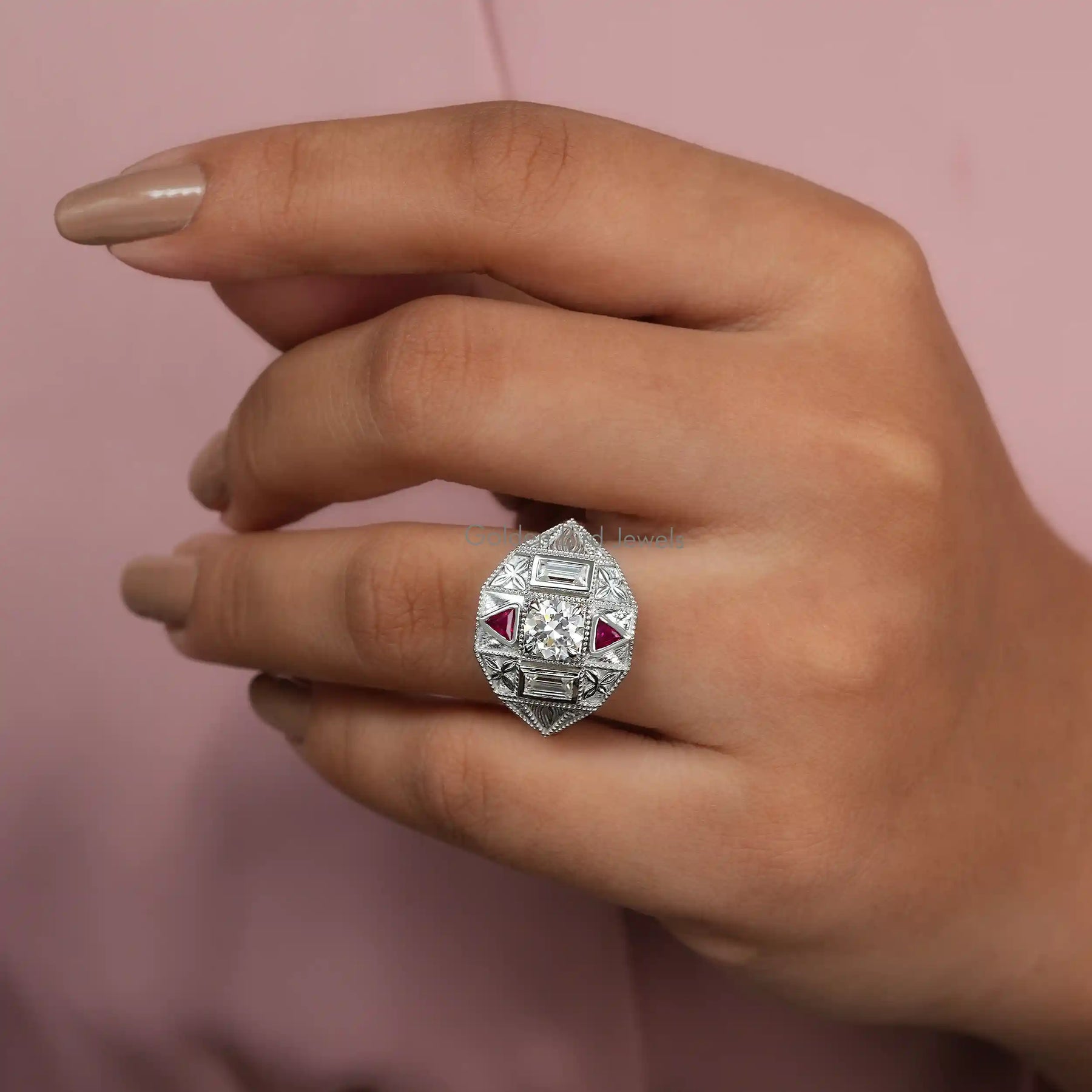 Round And Baguette  Moissanite Art Deco Ring Set In Trillion Pink Ruby Stone