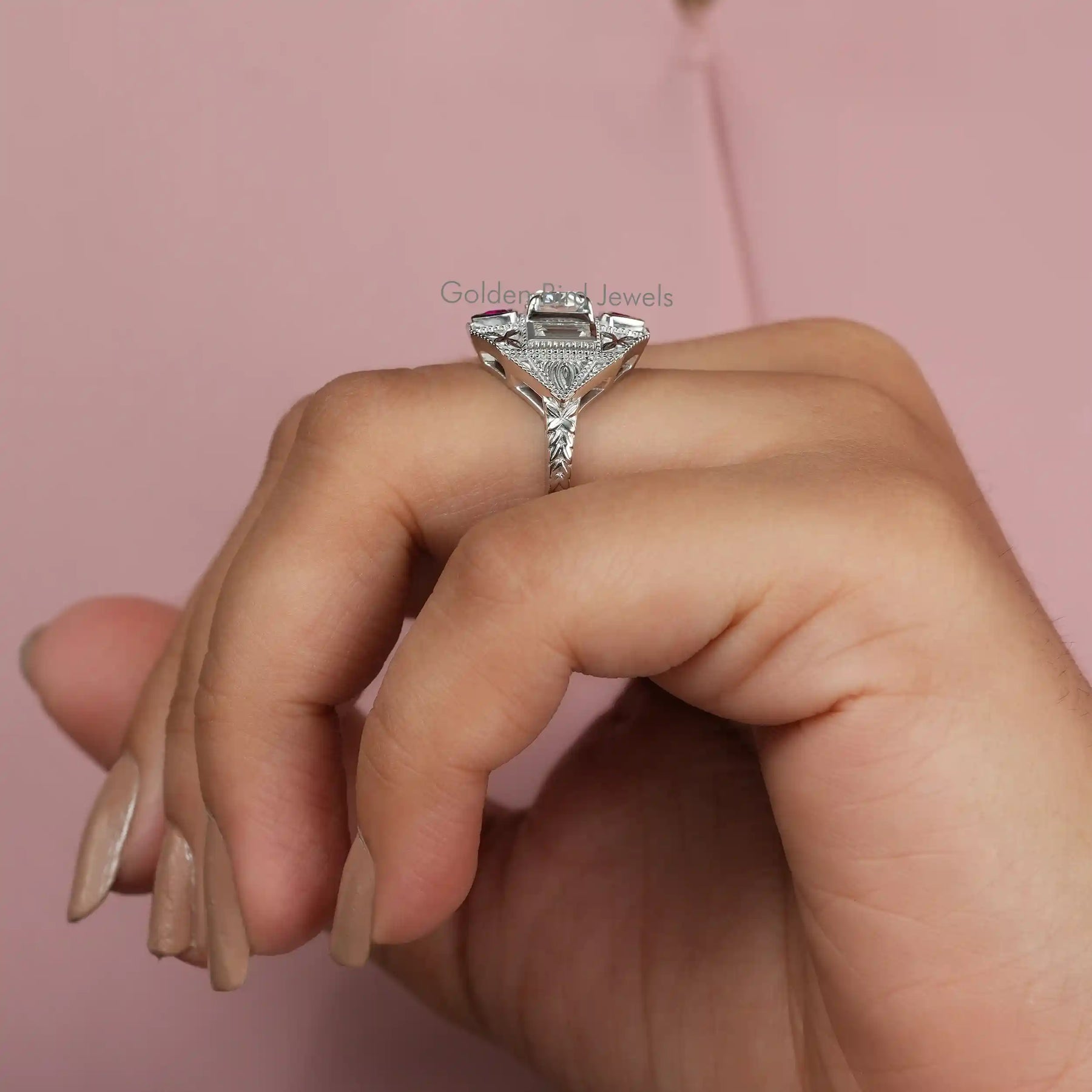 View of Moissanite Art Deco Round And Baguette Ring In Finger