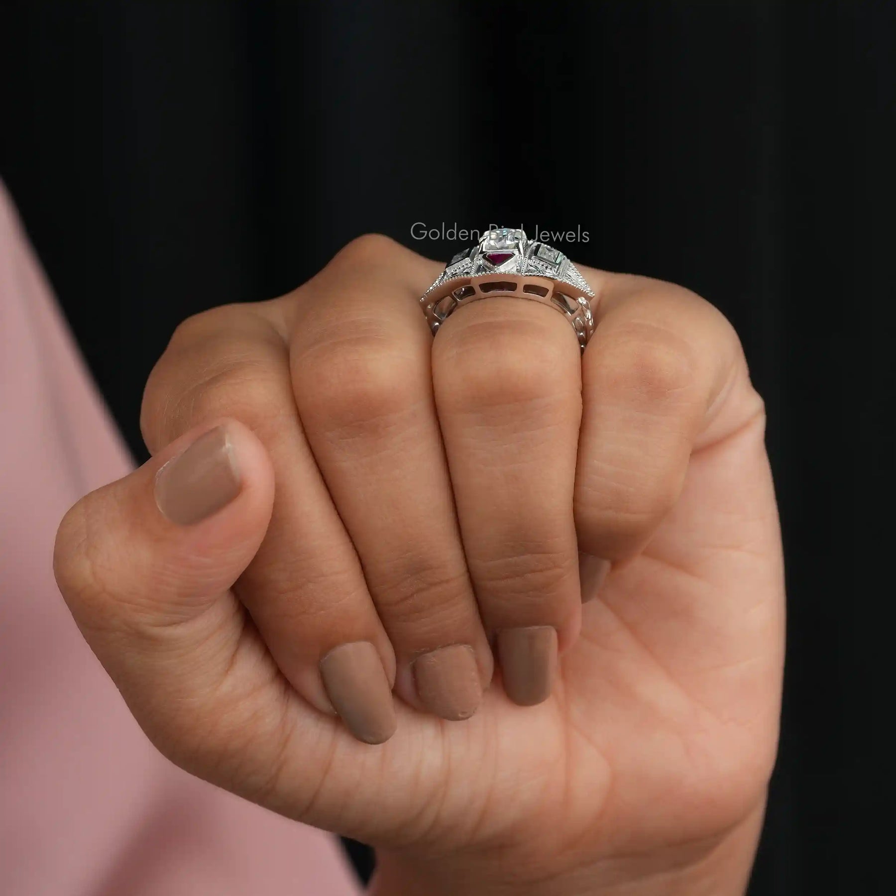 Detailed View Of Baguette Moissanite With Trillion Cut Ring In White Gold