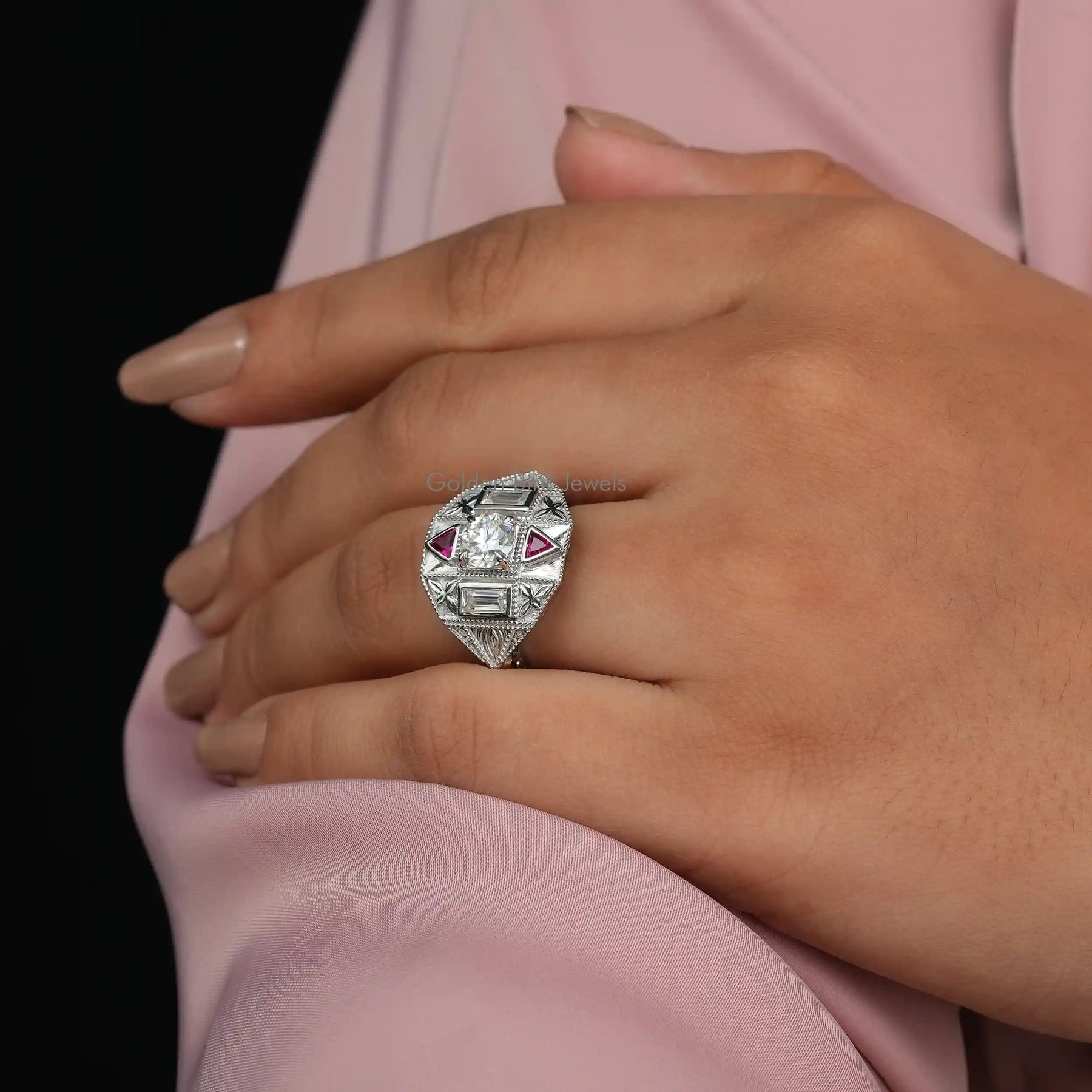 View of Round And Baguette  Moissanite Art Deco Ring In Finger