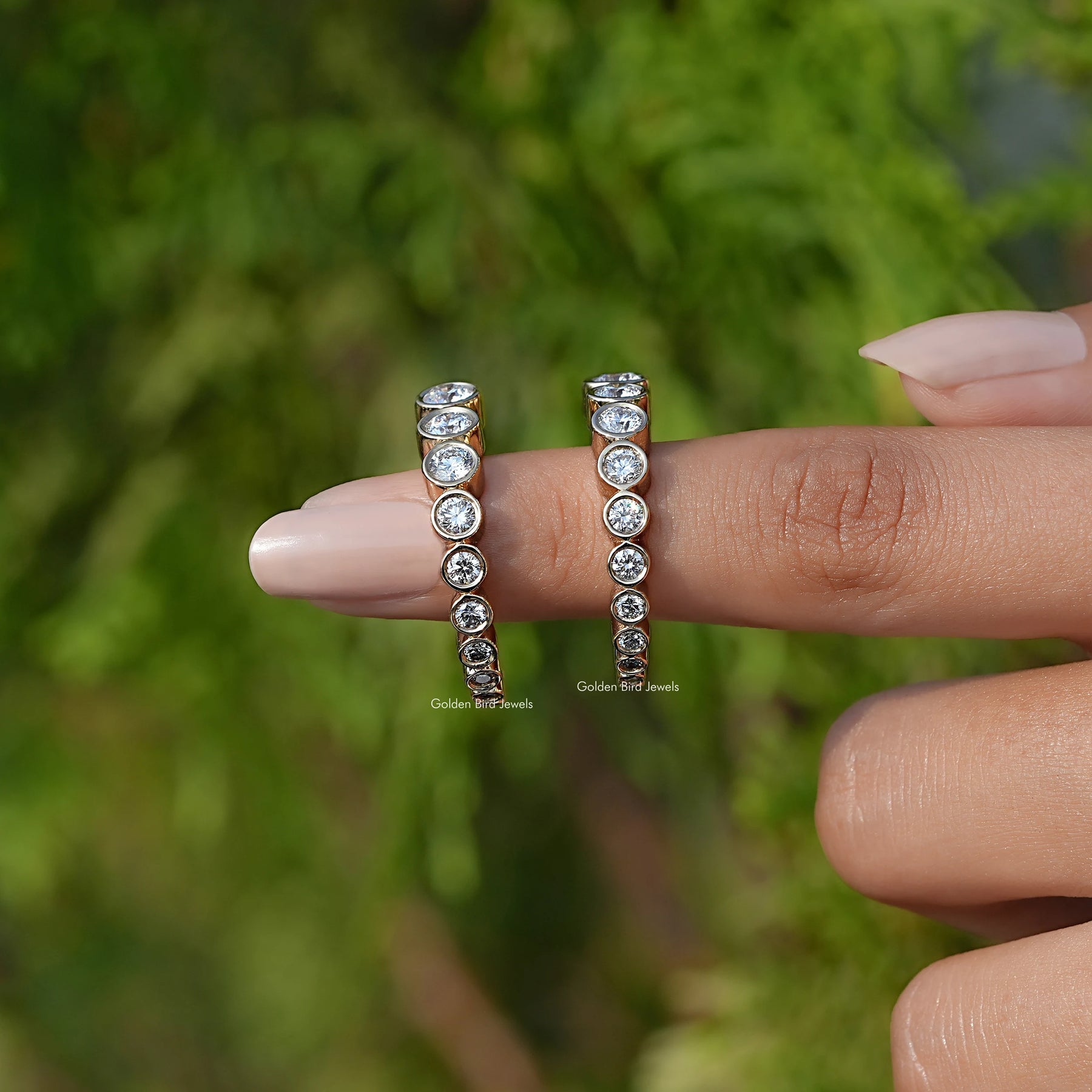 In Finger Front View of Round Cut Diamond C Hoop Earrings