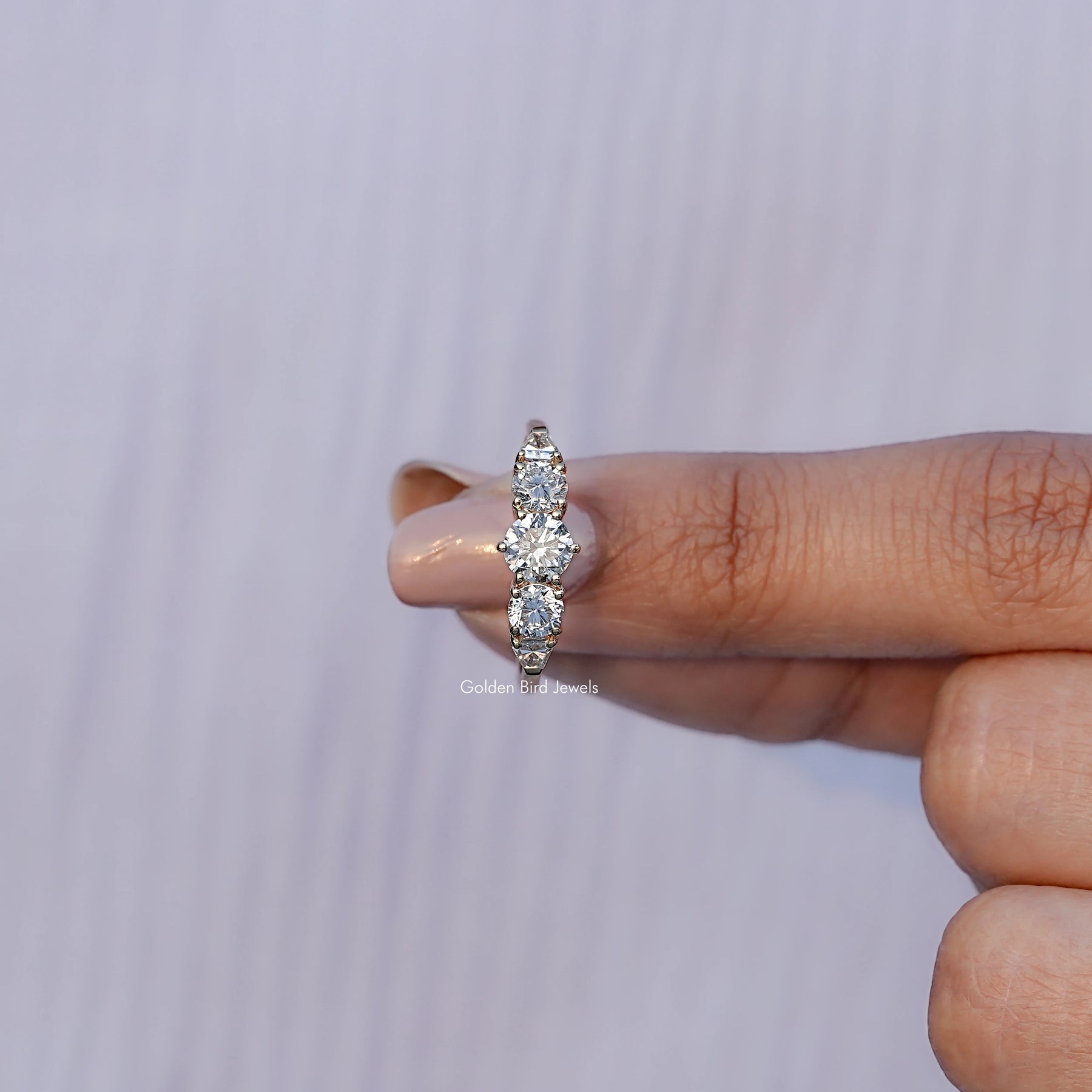 View of Round Cut Lab Diamond Five Stone Ring In Yellow Gold